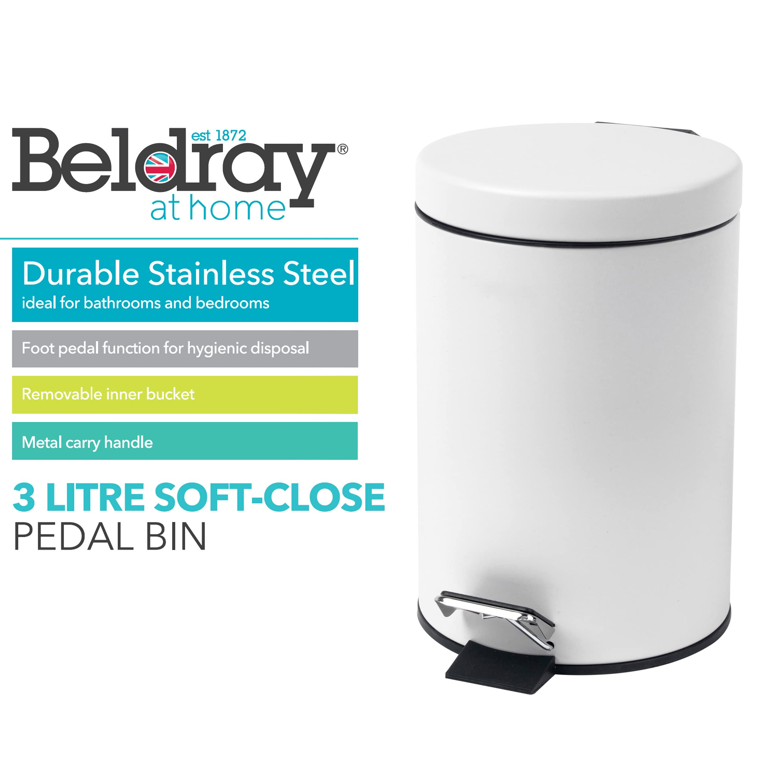 Beldray 3L Round Pedal Bin - Small Stainless Steel Waste Bin with Soft Close Lid | White | LA038098WHT 2