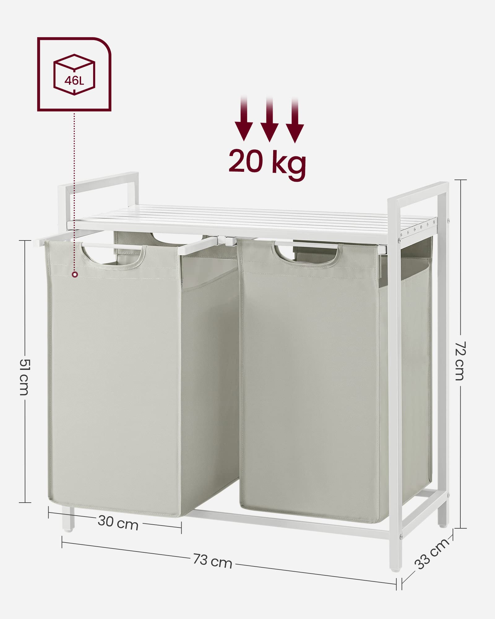 VASAGLE 2-Compartment Laundry Basket Hamper with Pull-Out Liners and Storage Shelf | 92 L Capacity 6