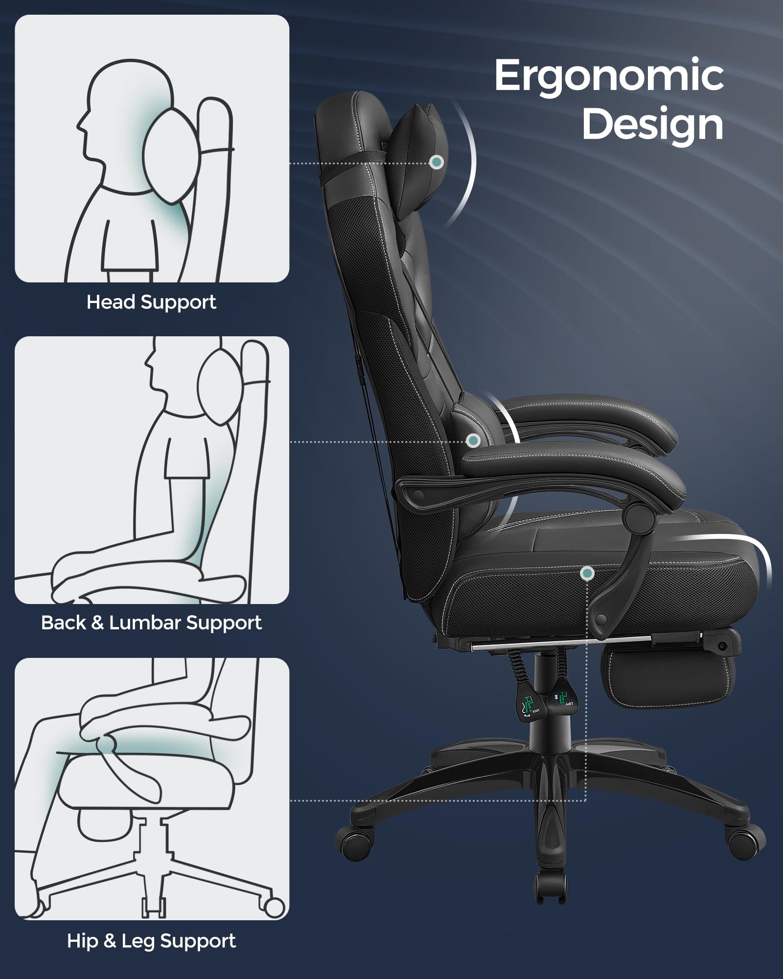 SONGMICS Gaming Chair with Footrest | Synthetic Leather | Ink Black | 70 x 70 x 121-133 cm 9