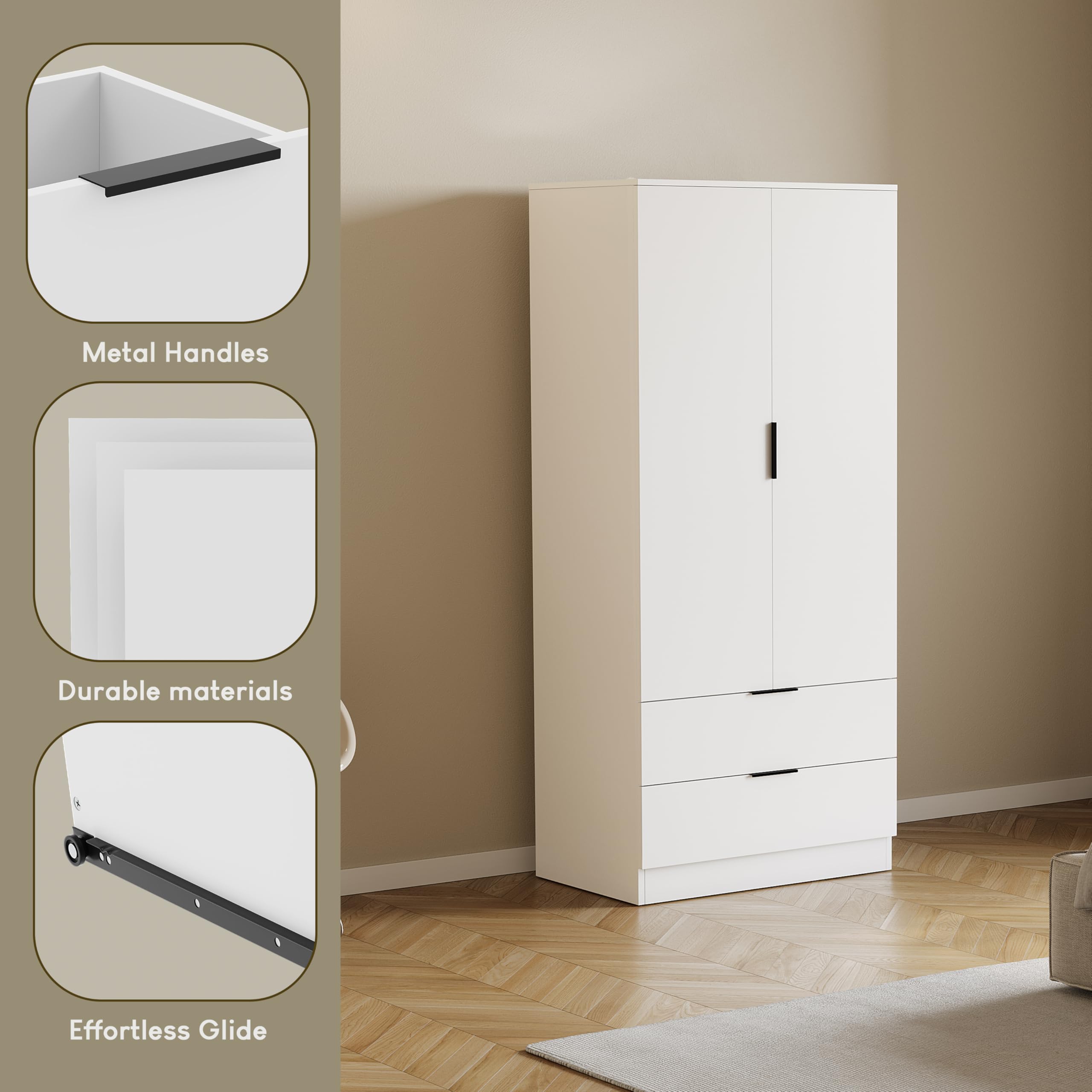 Vida Designs Trega 2 Door 2 Drawer Wardrobe - White | 170cm H x 76cm W | Engineered Wood 6