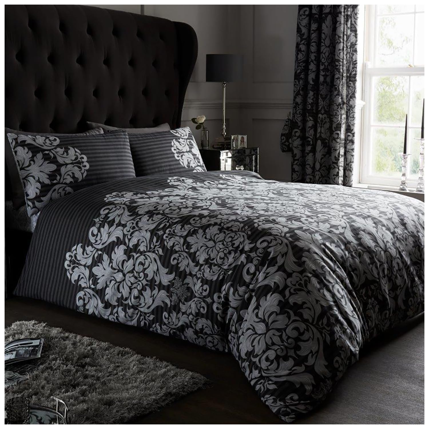 GC GAVENO CAVAILIA Empire Damask King Size Duvet Cover Set | 50% Cotton/50% Polyester | Black 1