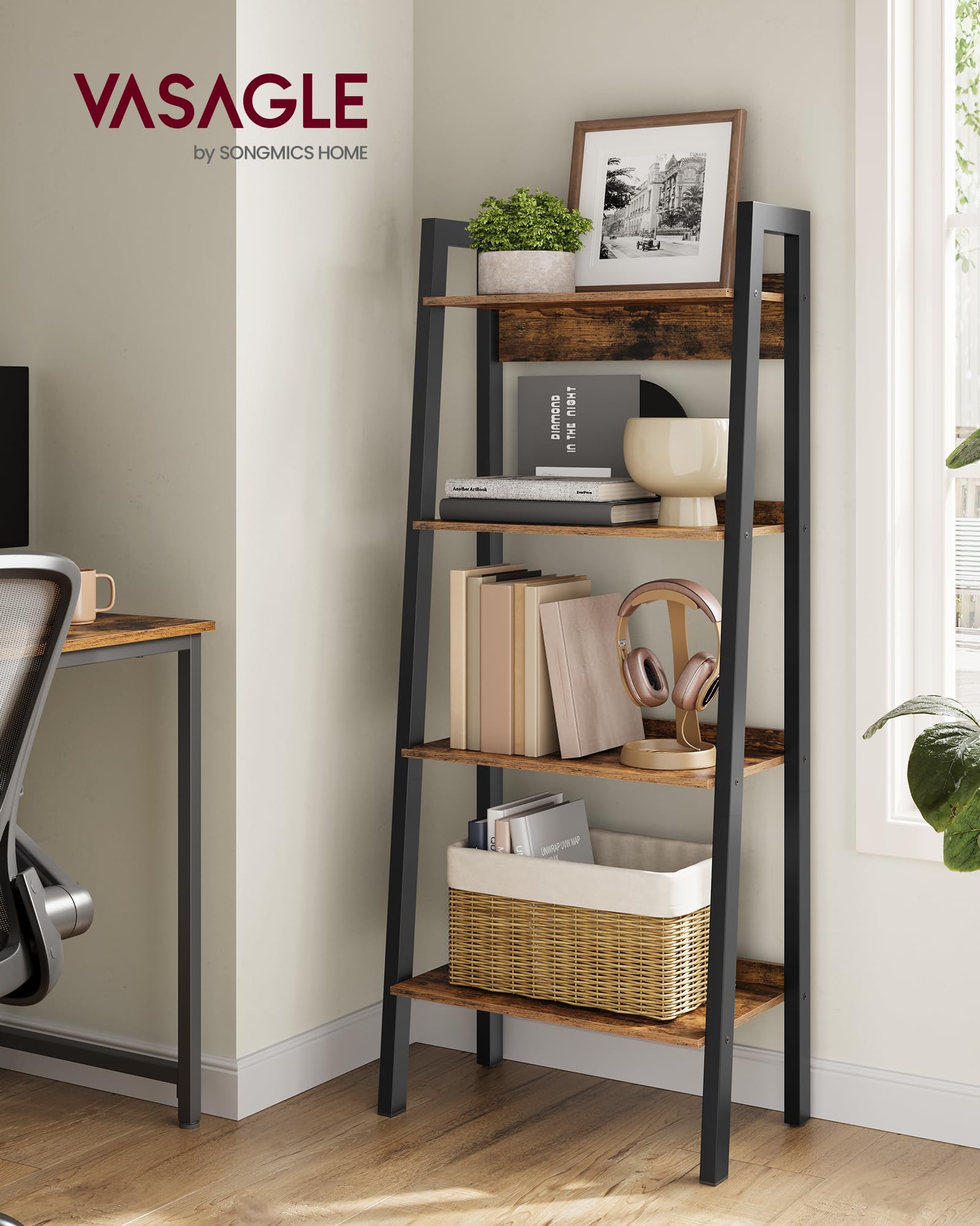 VASAGLE 4-Tier Ladder Shelf - Industrial Bookcase for Home Office, Rustic Brown/Black | 56W x 34D cm