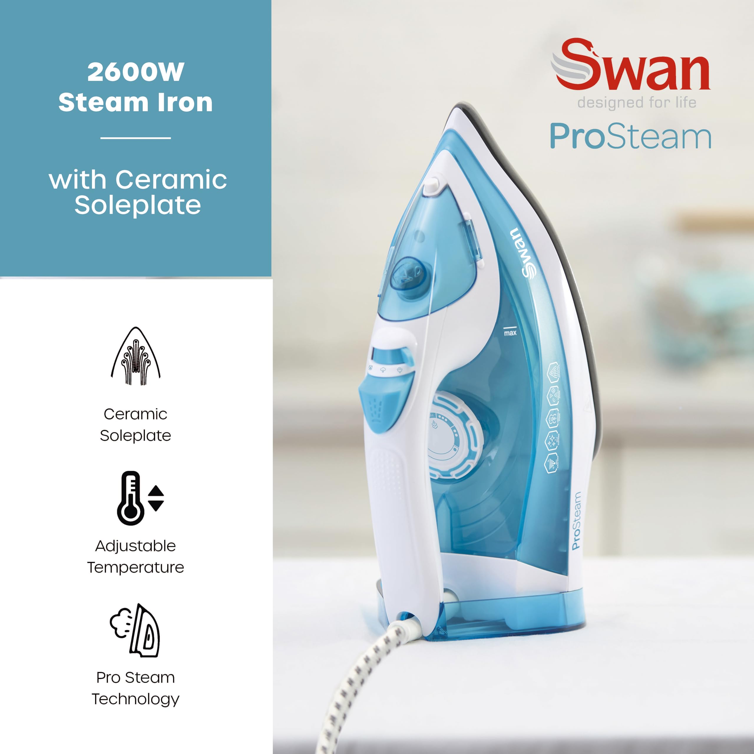 Swan SI12054AQ Steam Iron - 2600W Power | Ceramic Soleplate | Anti-Calc & Self-Clean 2