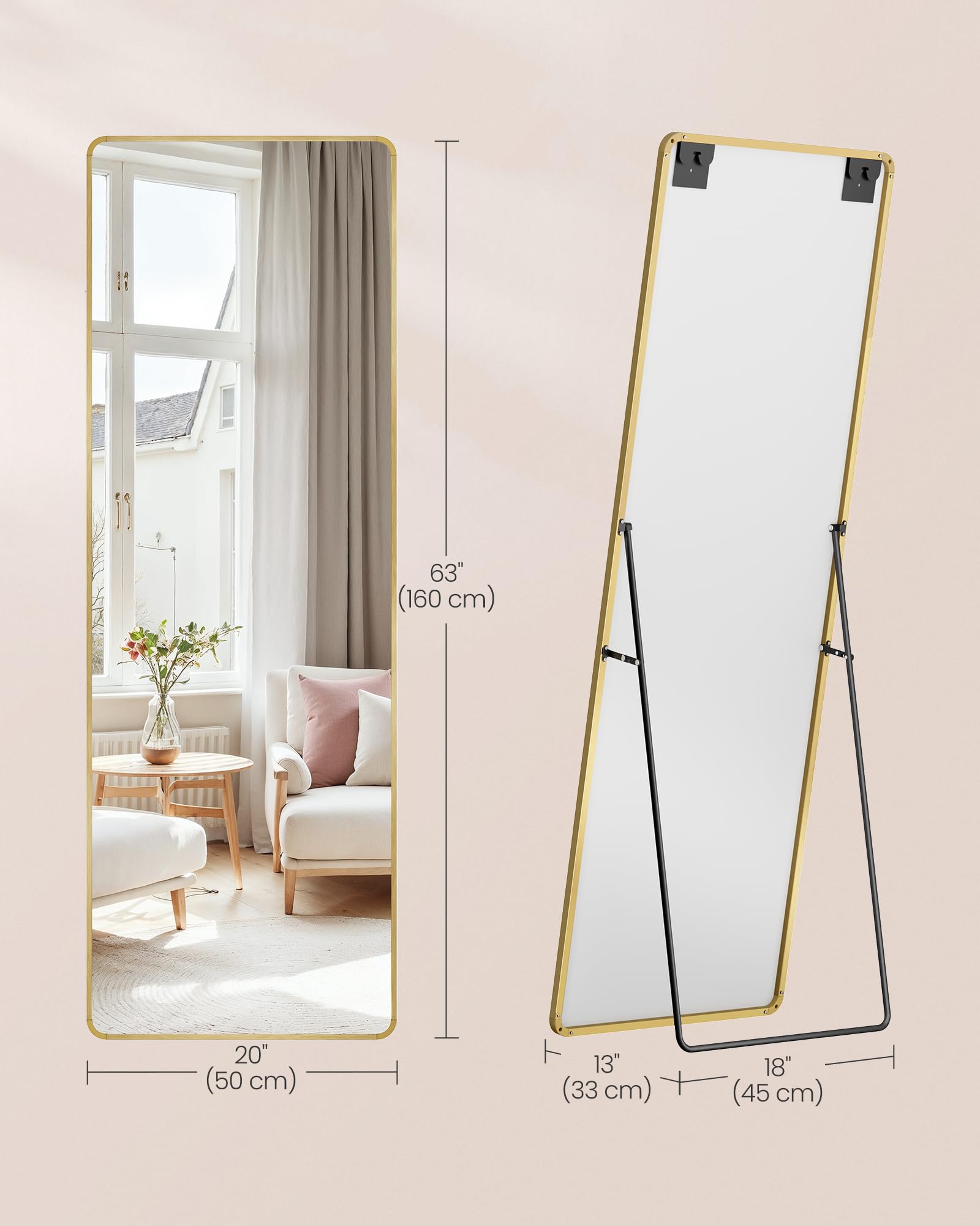 SONGMICS Full Length Floor Mirror - 160 x 50 cm | Pale Gold Aluminium Frame | Shatterproof 6