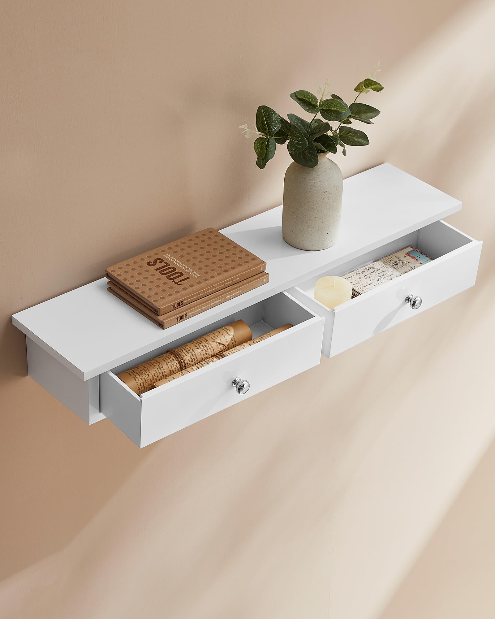 SONGMICS Floating Wall Shelf with 2 Drawers | White Engineered Wood | 65 x 15 x 10 cm | 15 kg Capacity 2