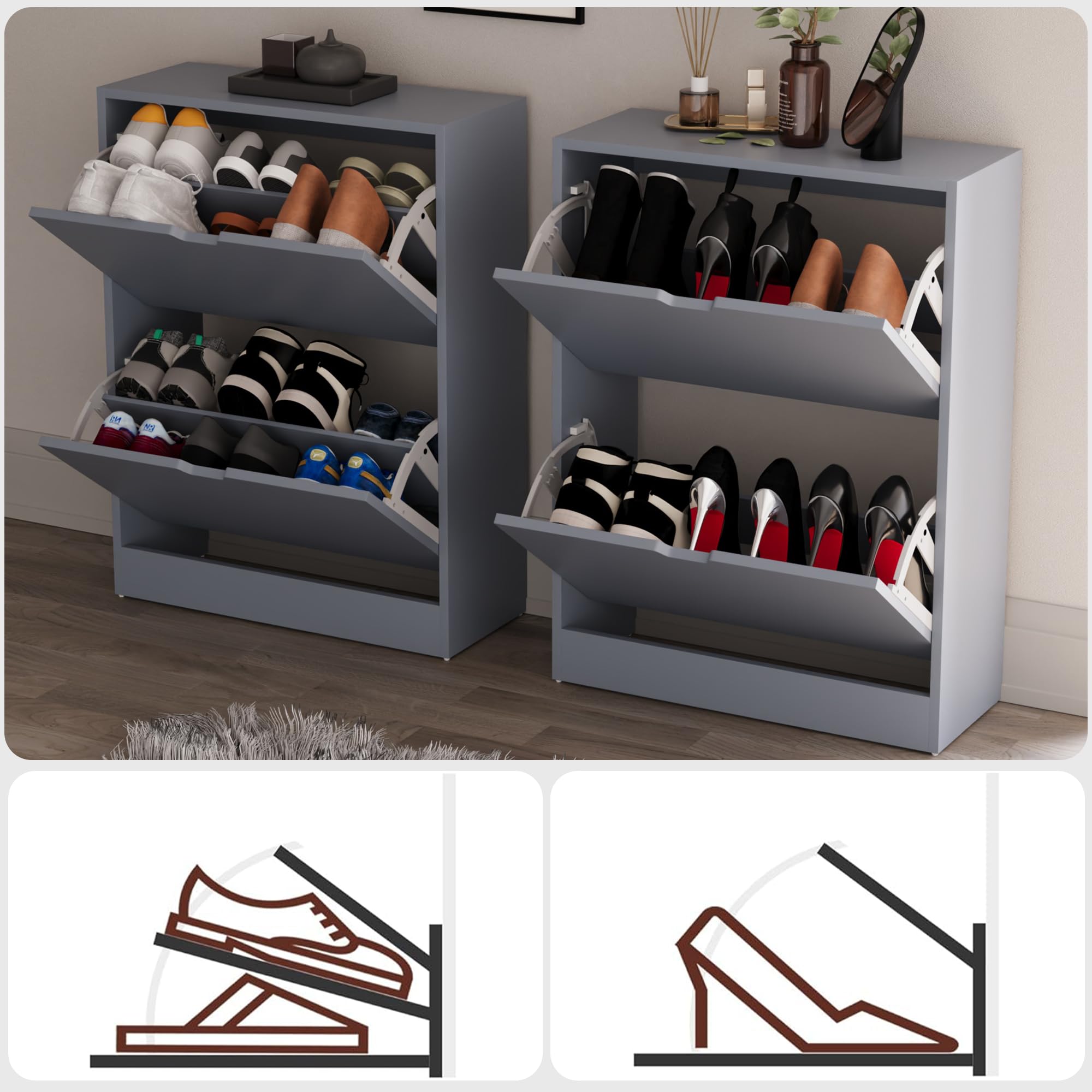 Vida Designs Wooden Shoe Cabinet - 2 Flip Drawers | Space-Saving Slim Design | Grey 5