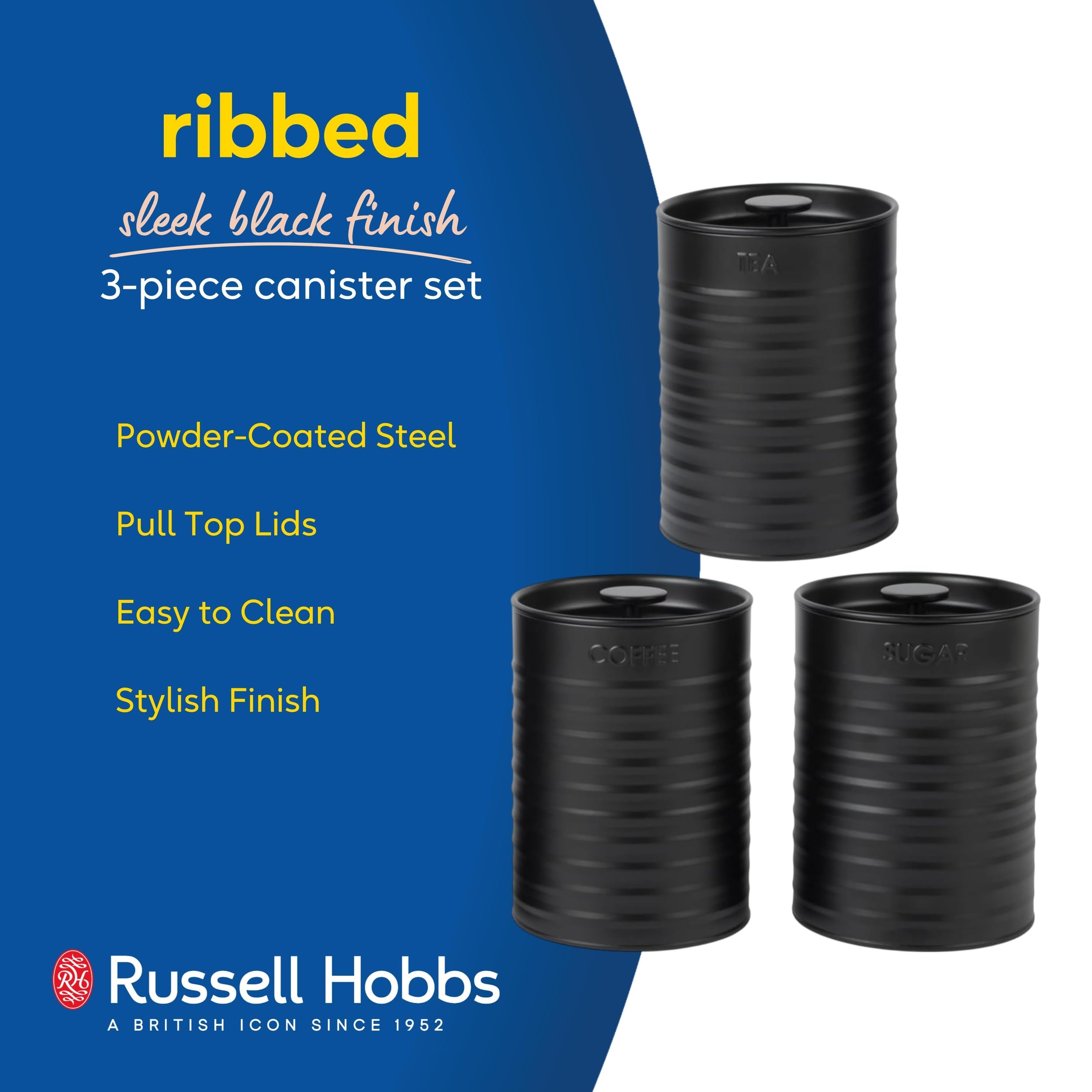 Russell Hobbs Ribbed 3-Piece Canister Set - Black | Powder-Coated Steel | Air Tight Storage 2