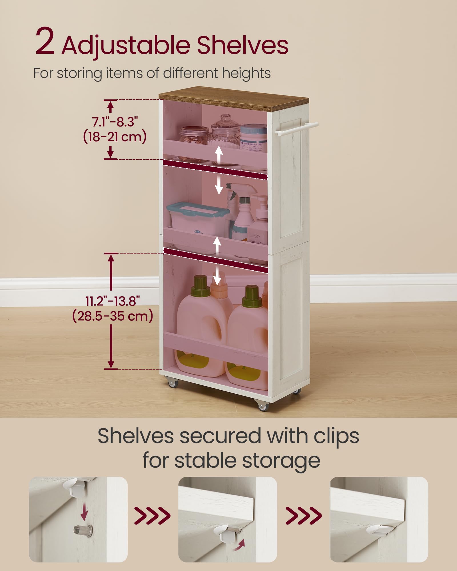 VASAGLE 4-Tier Slim Storage Trolley - 20 cm Wide | Rustic White + Honey Brown | 10 kg/Tier Capacity 3