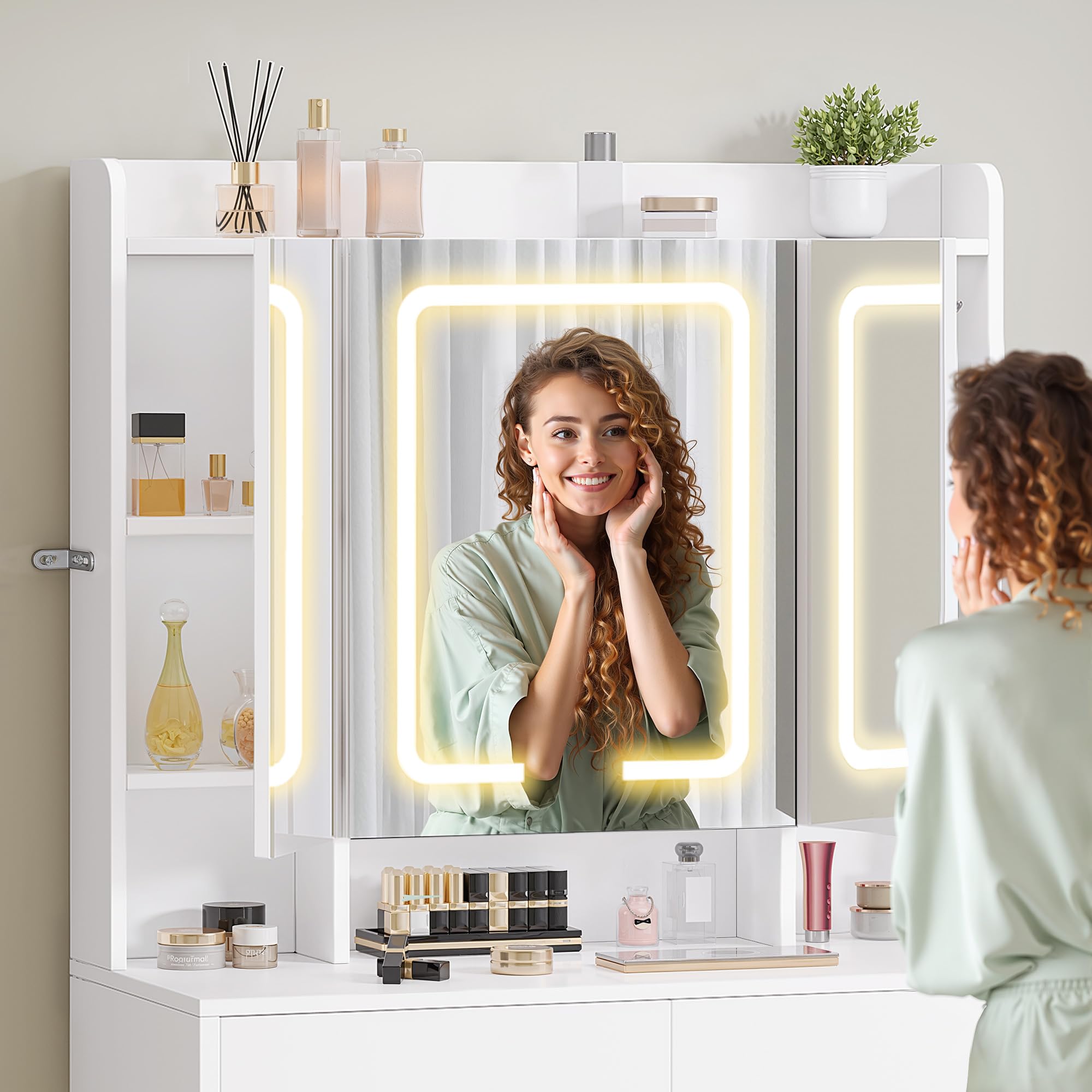 YITAHOME Dressing Table with Tri-Fold Mirror & LED Lights | White | 90 x 145 x 40 cm 5