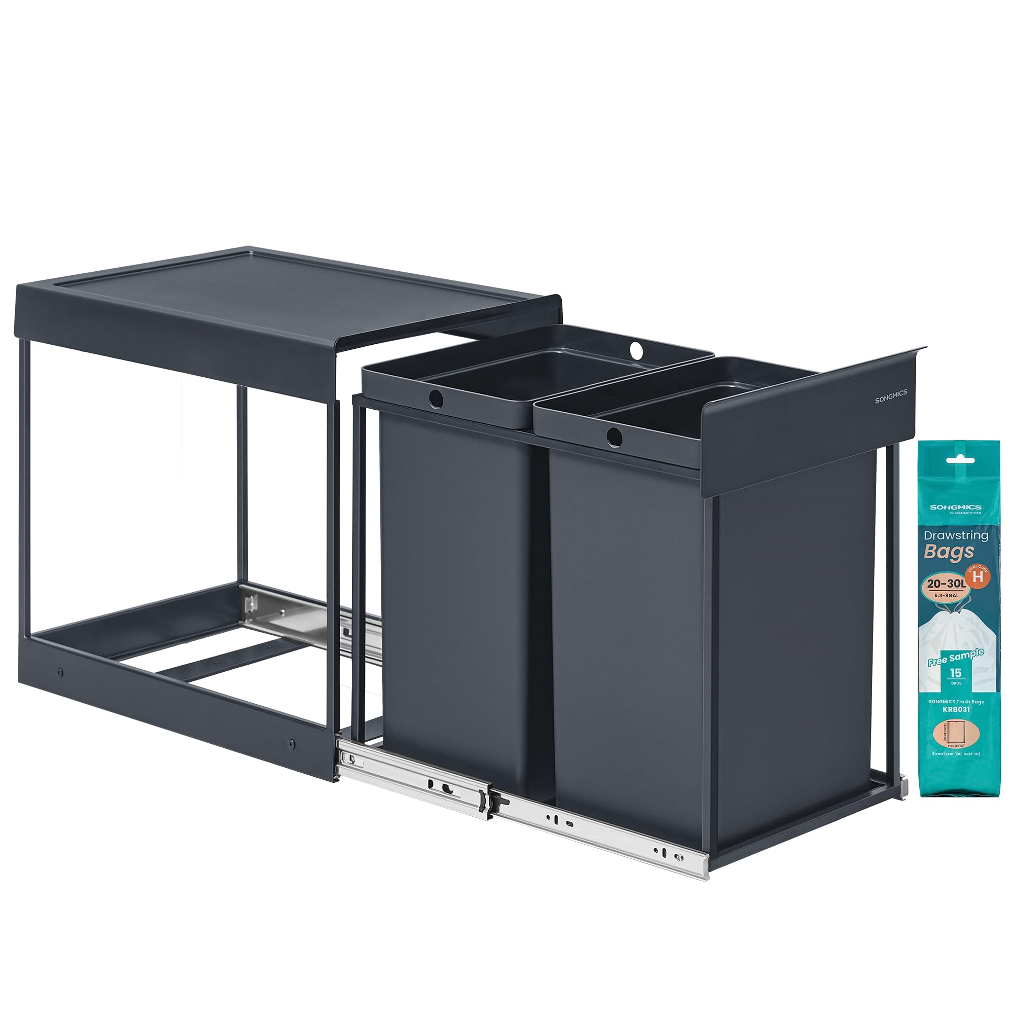 SONGMICS Built-in Kitchen Waste Separation System - 2 x 20L Bins | Grey | Alloy Steel Frame 1