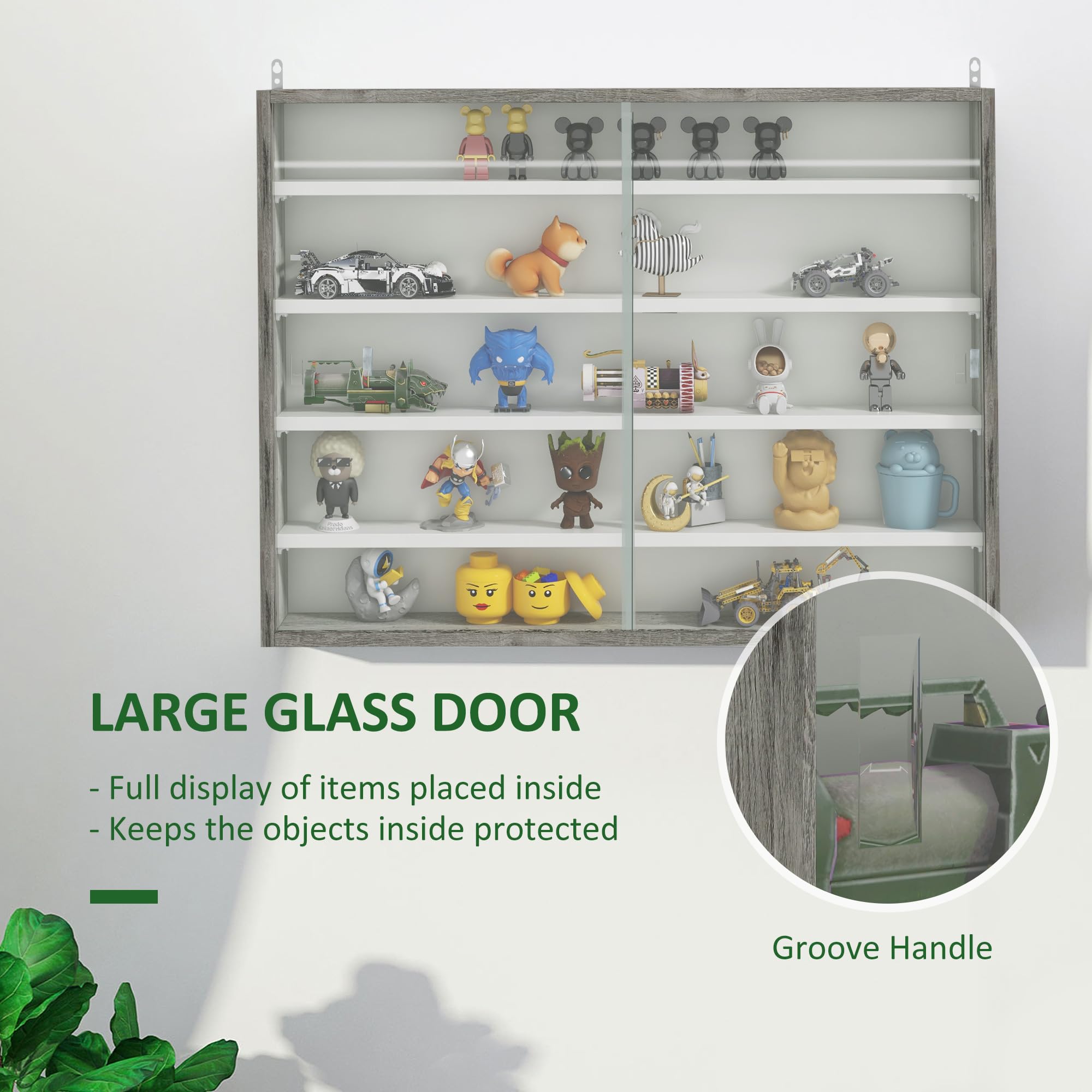 HOMCOM 5-Tier Wall Mounted Display Cabinet - Grey Wood Grain | Adjustable Shelves | Glass Doors 5