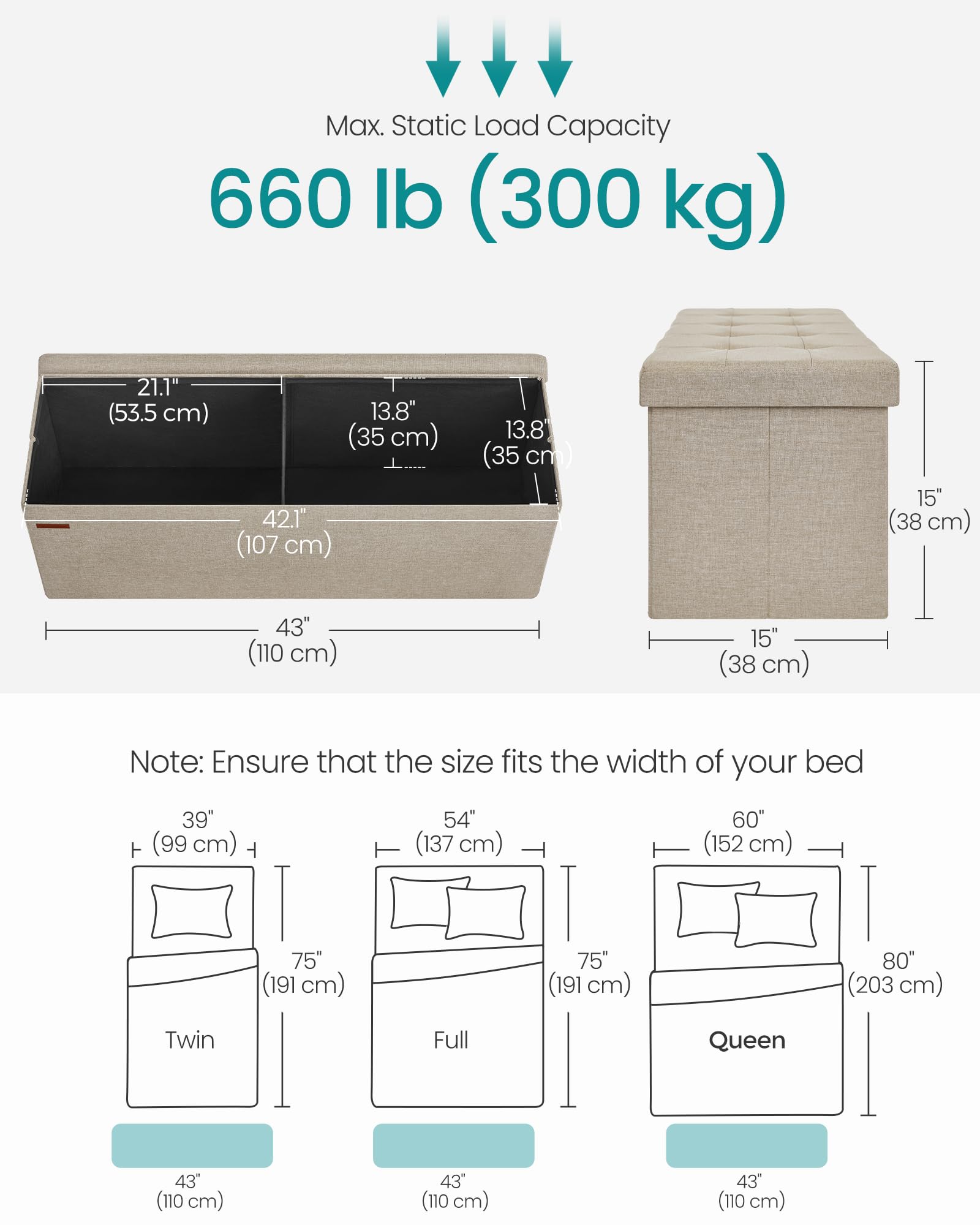 SONGMICS MAZIE Storage Ottoman Bench - 110 cm Folding Foot Rest | 131L Capacity | Camel Brown 3