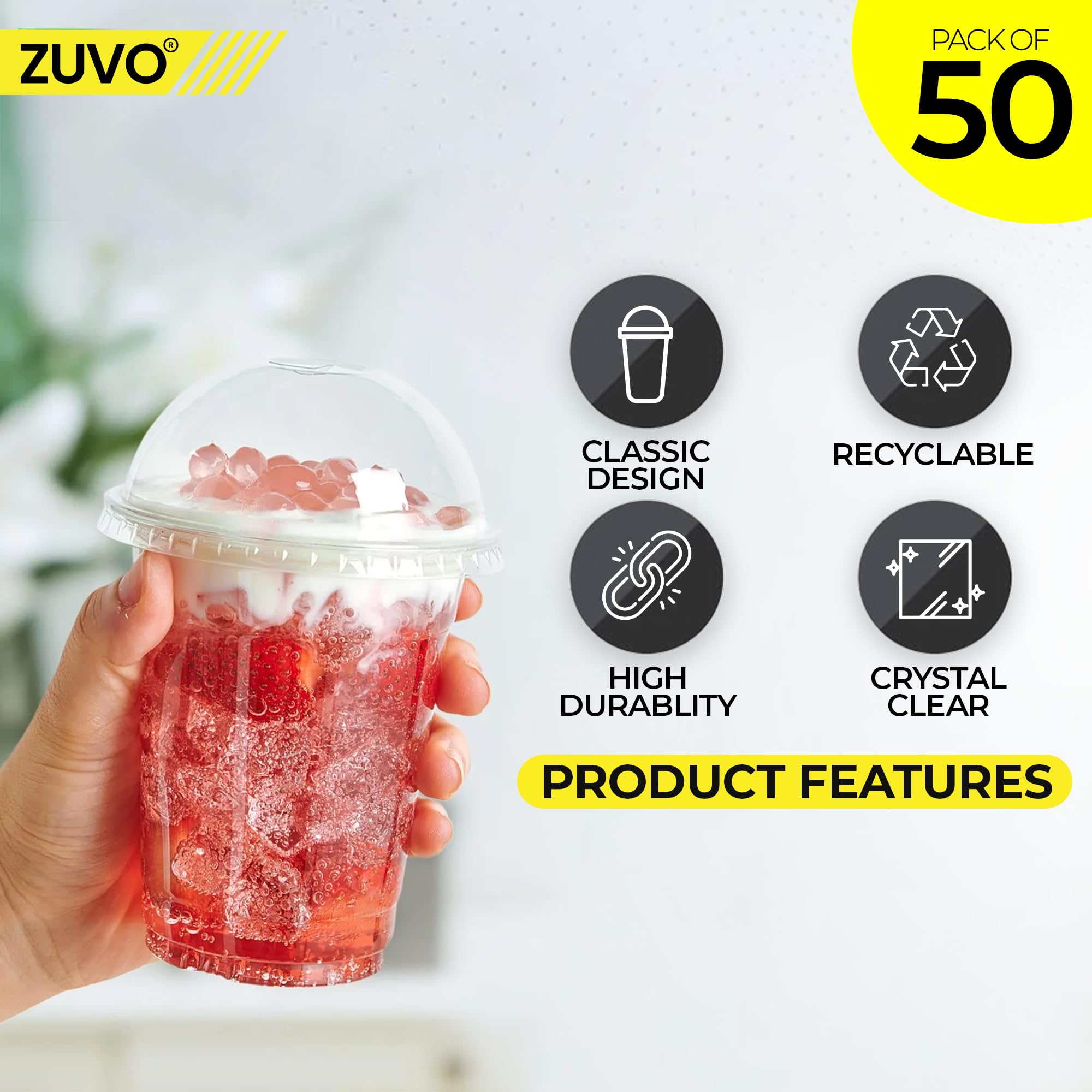 Zuvo Plastic Smoothie Cups with Dome Lids - 12 OZ (Pack of 50) - Leak Proof 4