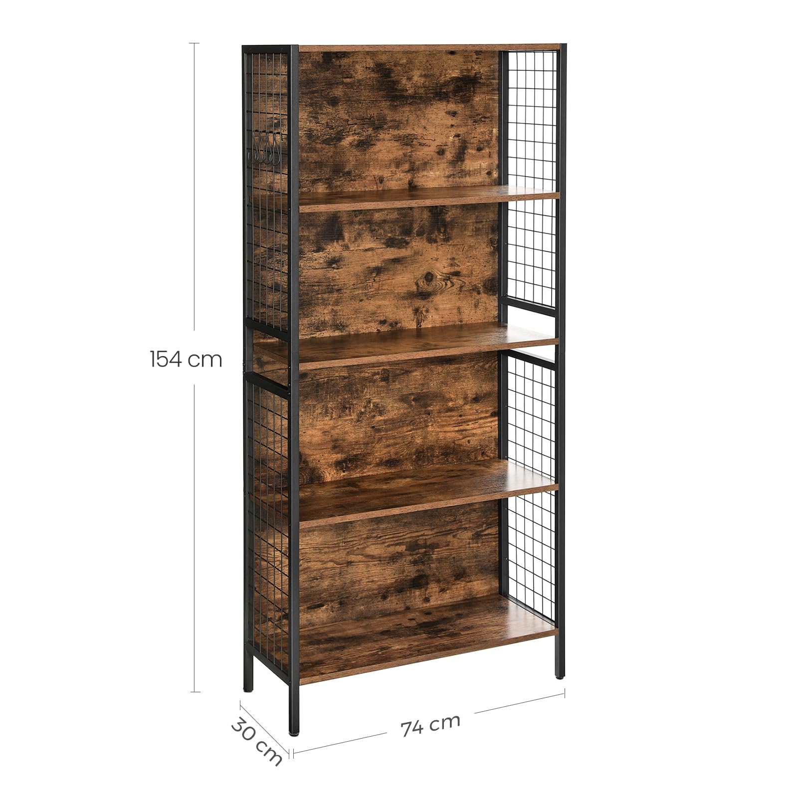 VASAGLE 5-Tier Bookcase with 4 Hooks - Rustic Brown & Ink Black | 74cm Wide | 20kg Load Capacity 3
