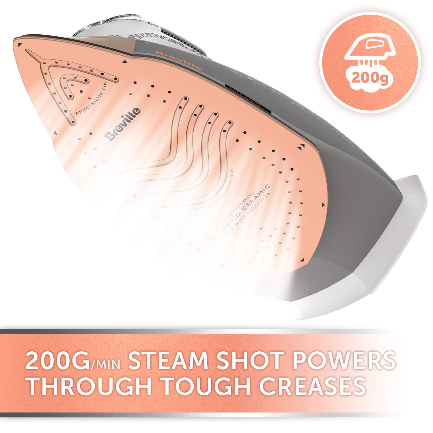 Breville DiamondXpress Steam Iron - 3100W Power | 200G Steam Shot | White & Rose Gold 3