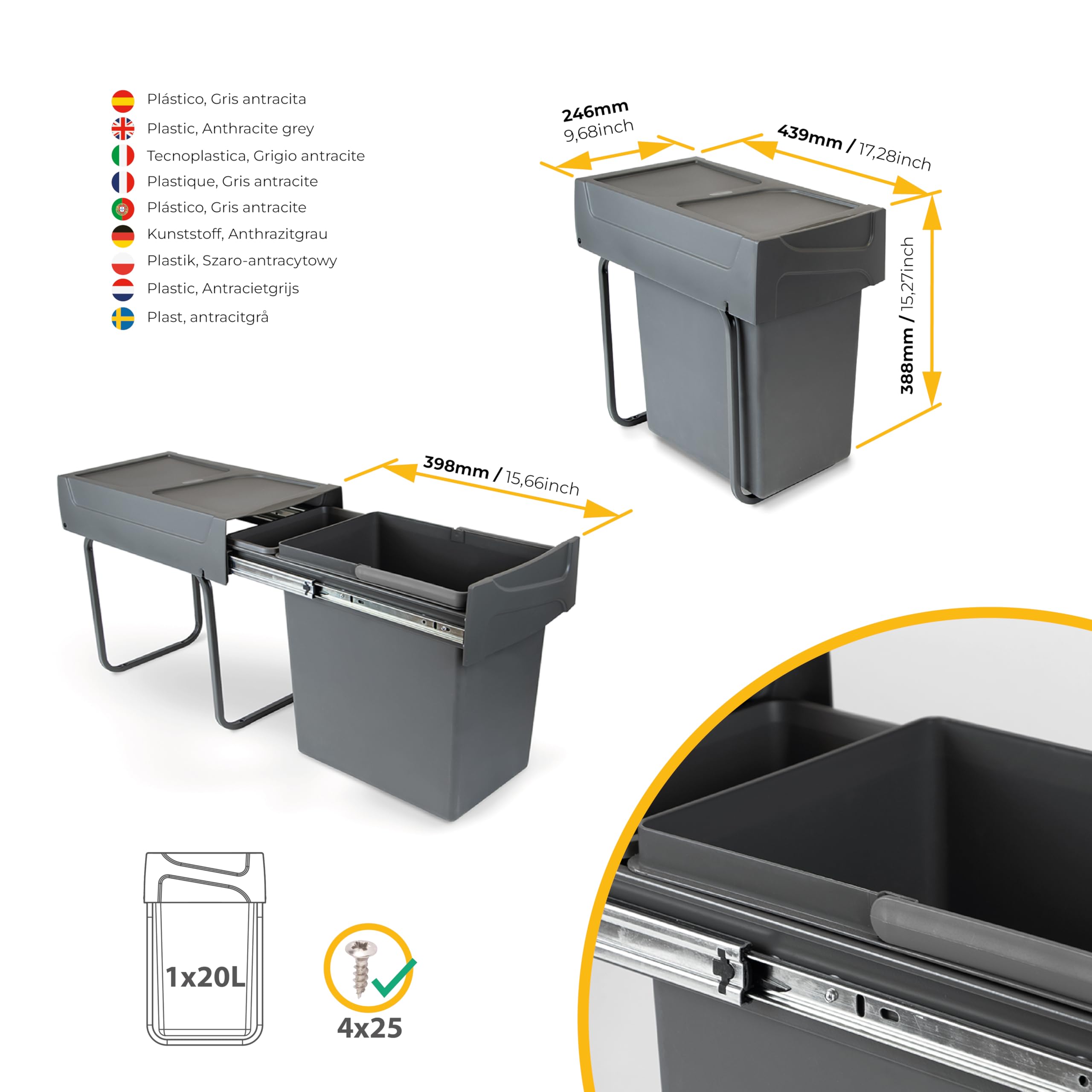 Emuca Under Counter Waste Container - 20L Capacity | Steel & Plastic | Anthracite Grey 7