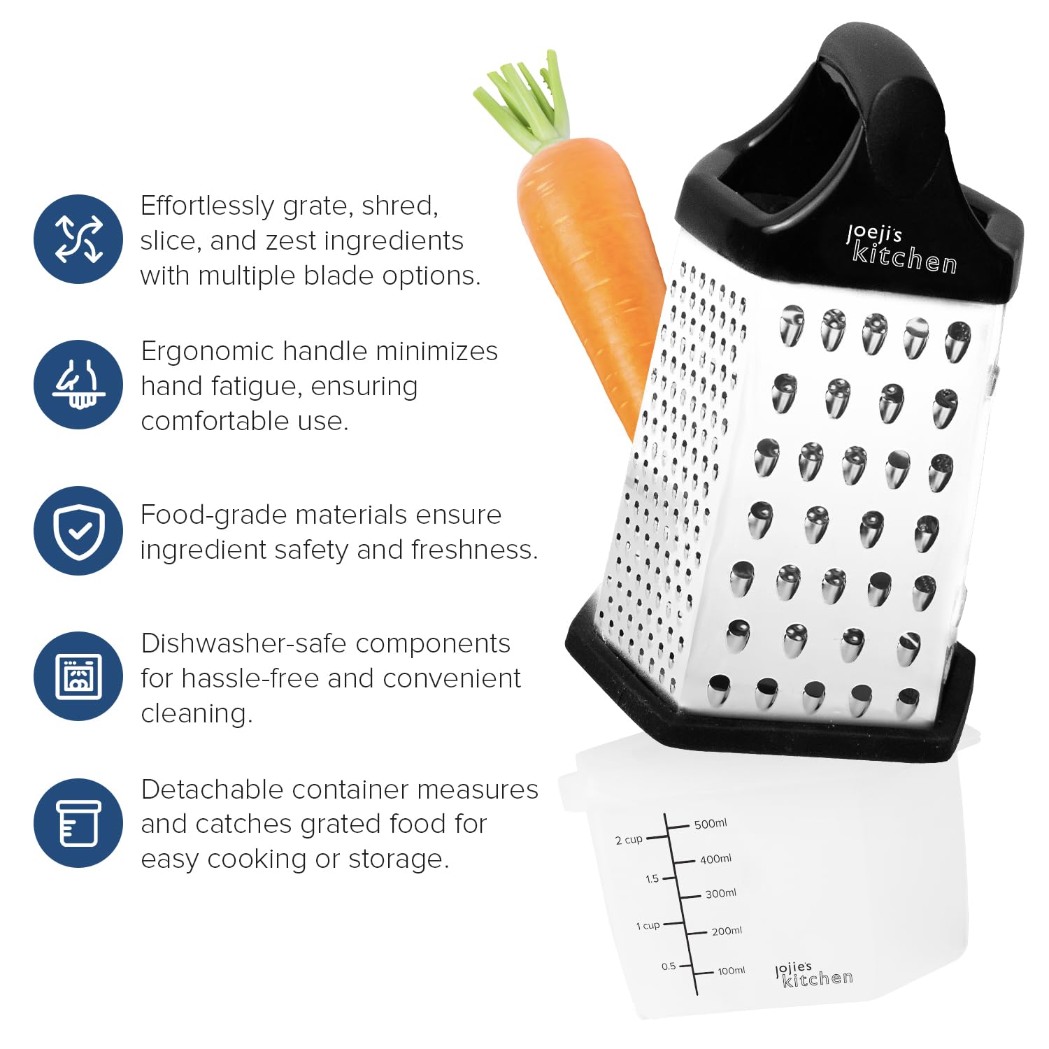 joeji's Kitchen 6-Sided Stainless Steel Cheese Grater with Non-Slip Base and Container 3