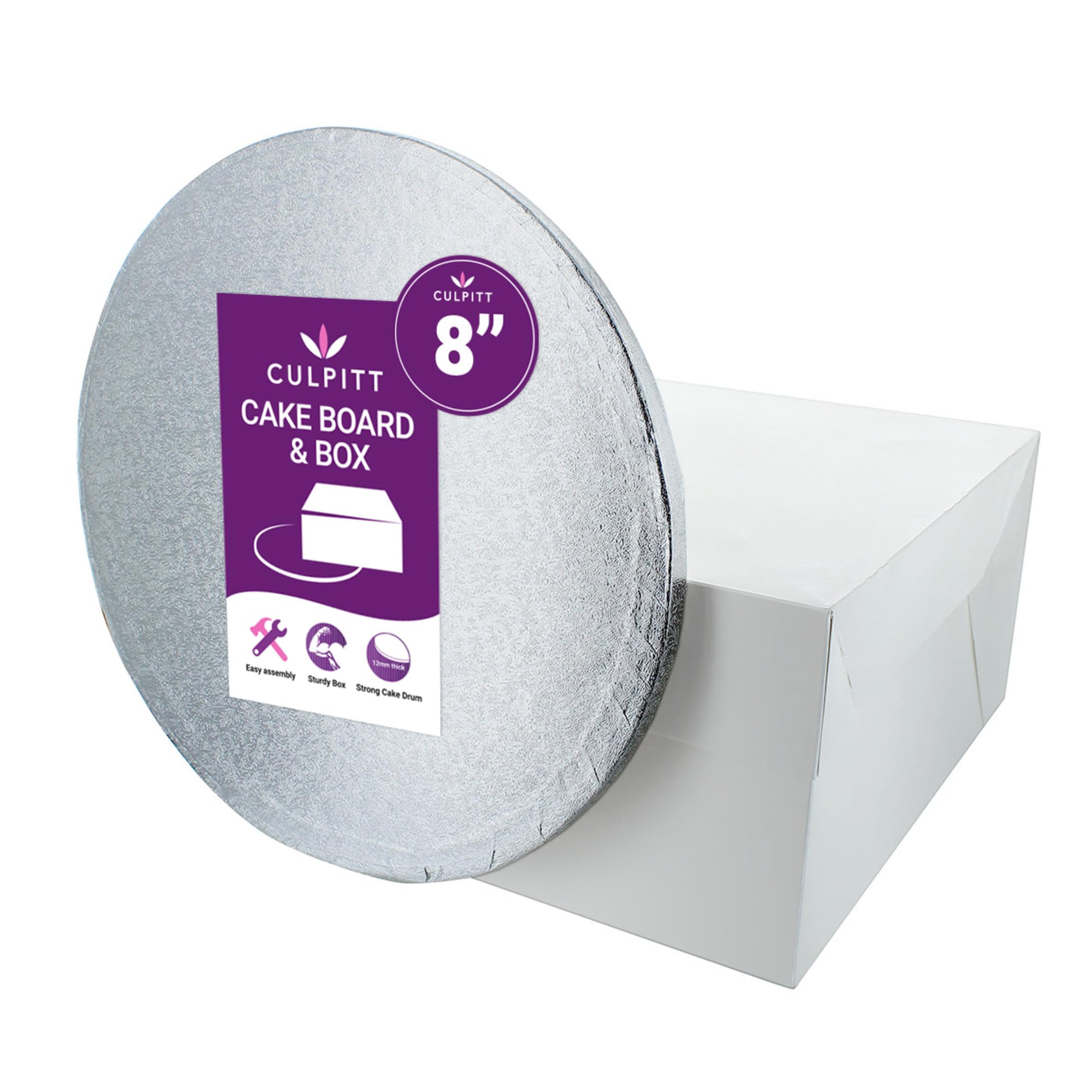 Culpitt 8' Round Silver Cake Drum & White Box Combo - 3 Pack | Sturdy Cardboard Support 3