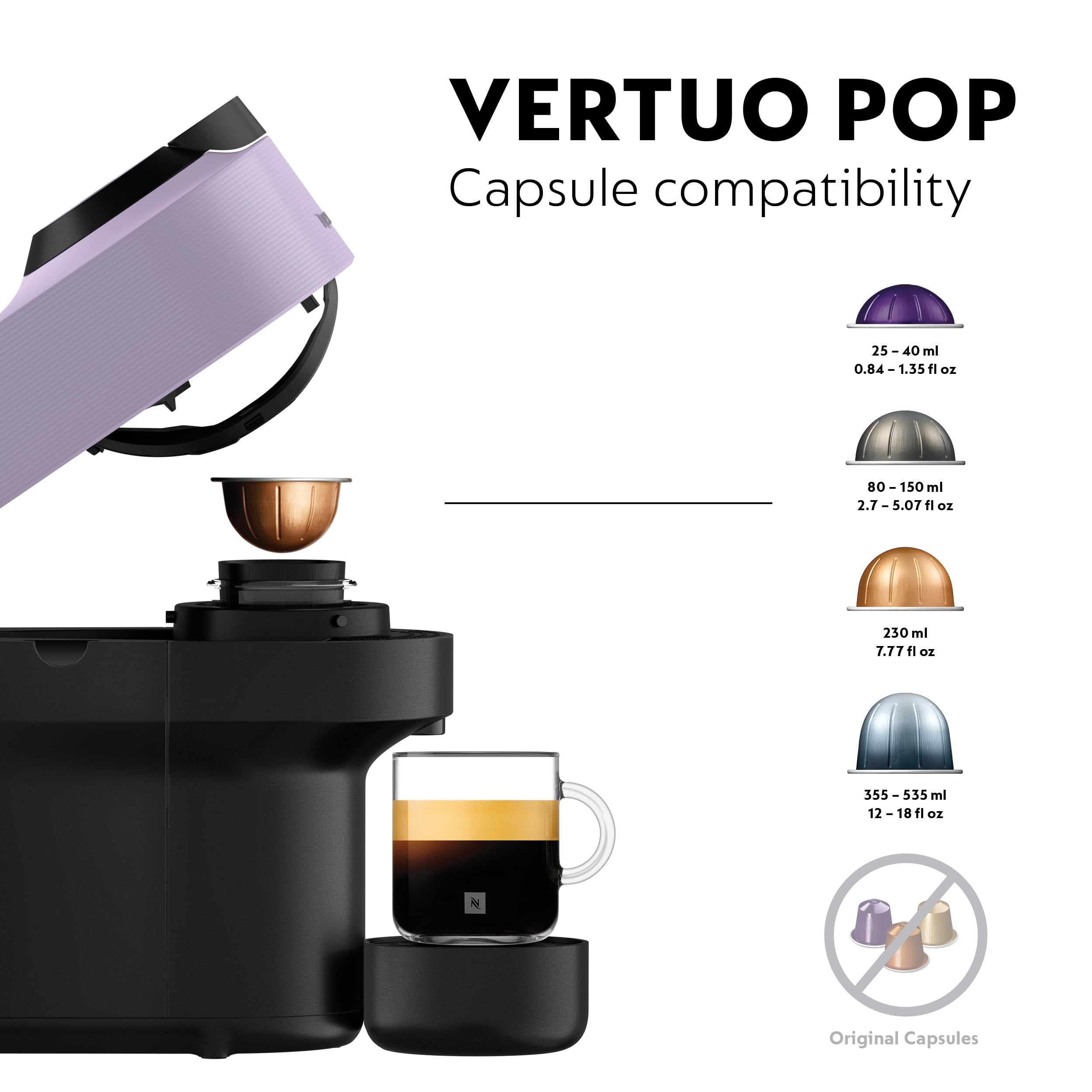 KRUPS Nespresso Vertuo Pop Single Serve Coffee Machine - Lilac | 4 Cup Sizes | Starter Set Incl. 4