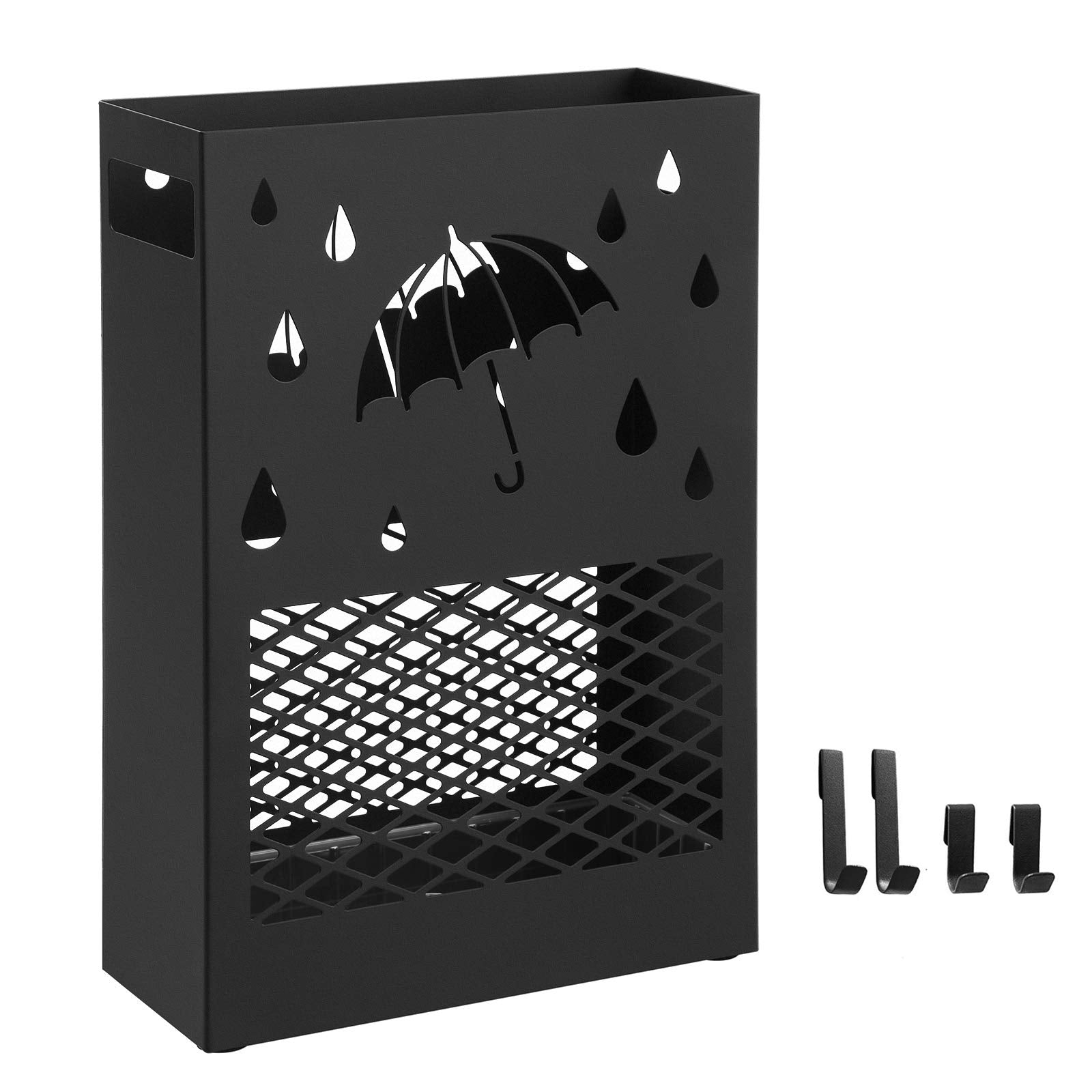 SONGMICS Metal Umbrella Stand - Rectangular Holder with 4 Hooks & Removable Drip Tray | Black 8