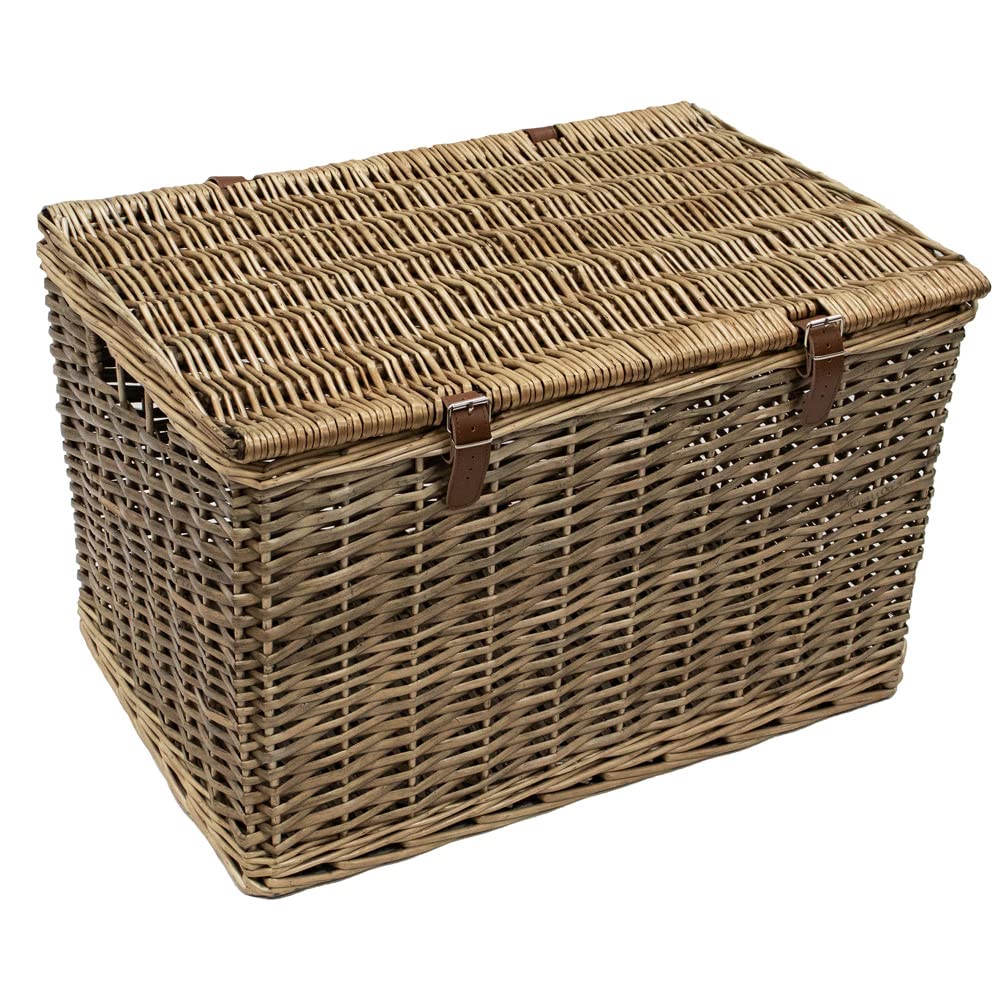 JVL Handmade Extra Large Willow Storage Box with Faux Leather Straps | 91L Capacity | Stackable 1