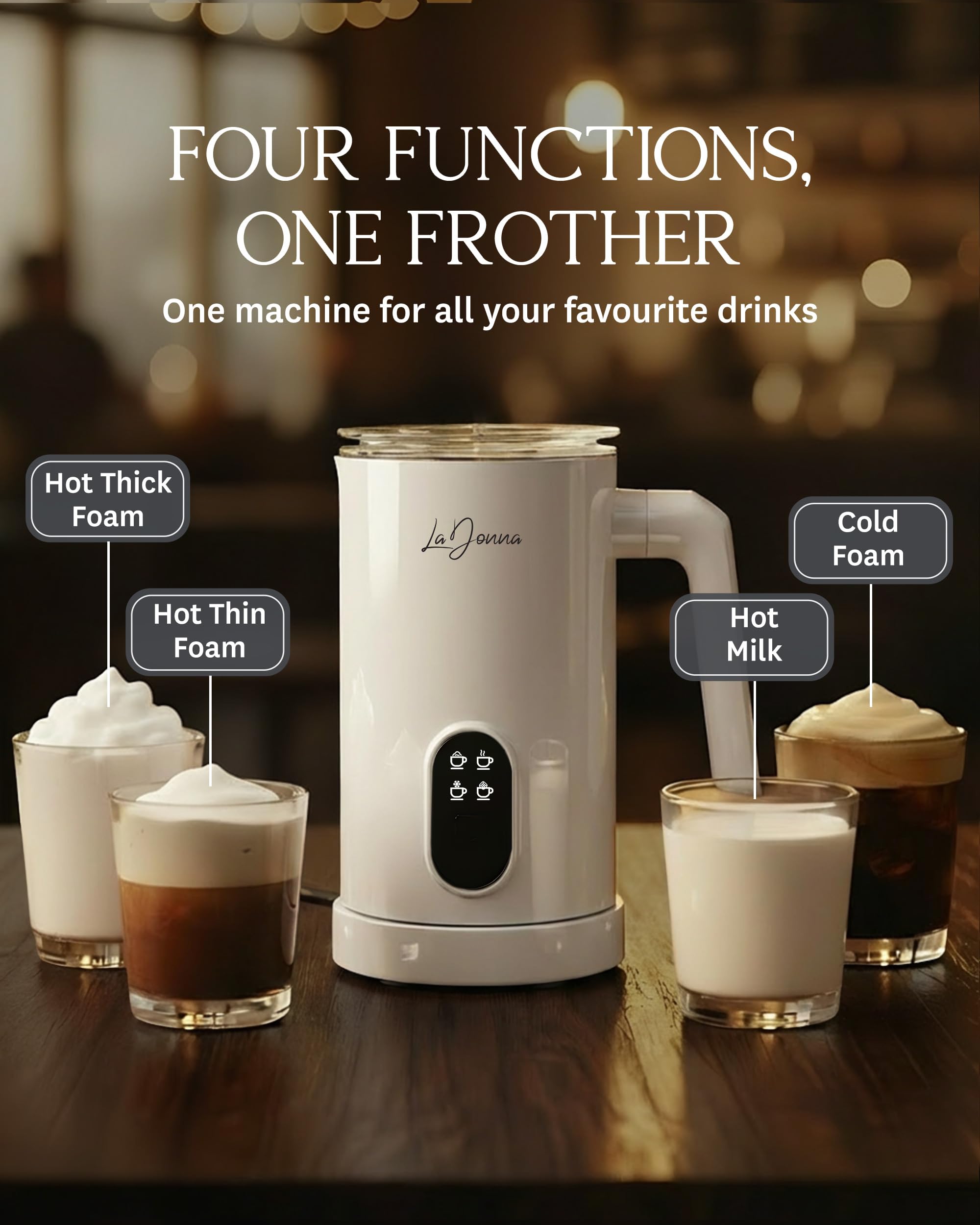 LaDonna Electric Milk Frother - 4 Functions: Hot/Cold Froth, Heat Milk, Hot Chocolate | 350ml Capacity 5