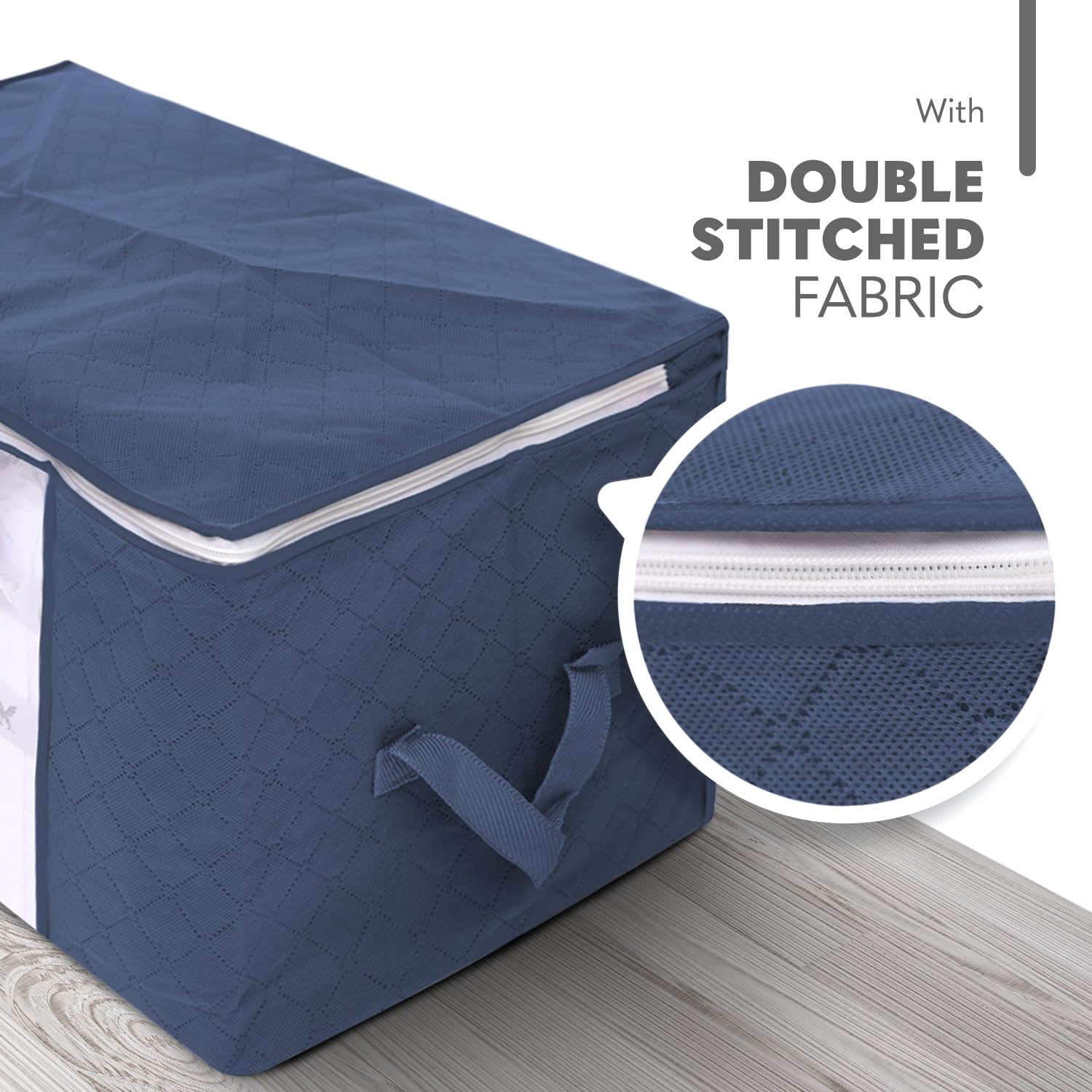 delka 90L Under-Bed Storage Bags with Lids, Navy Fabric, Reinforced Handles | Set of 3 3