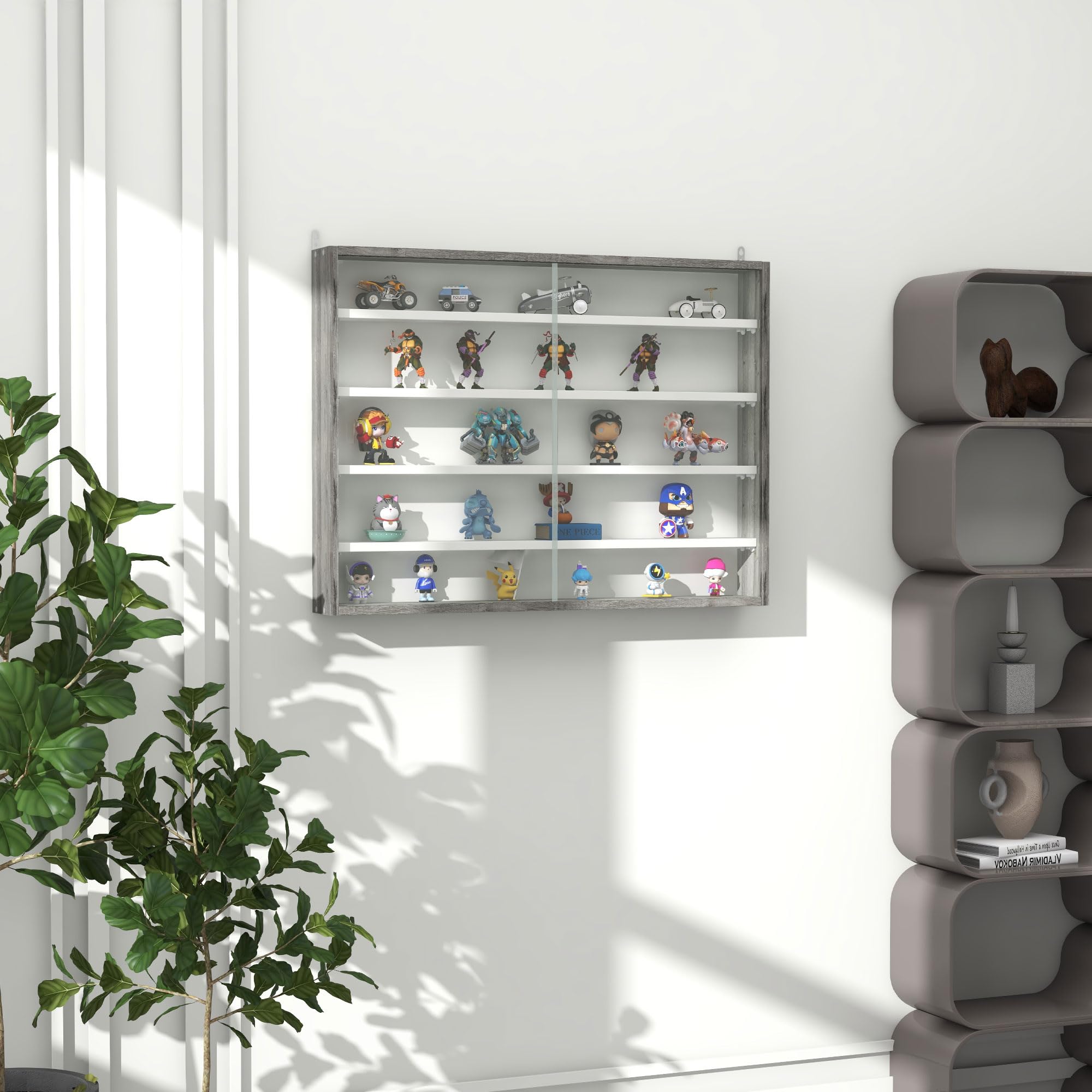 HOMCOM 5-Tier Wall Mounted Display Cabinet - Grey Wood Grain | Adjustable Shelves | Glass Doors