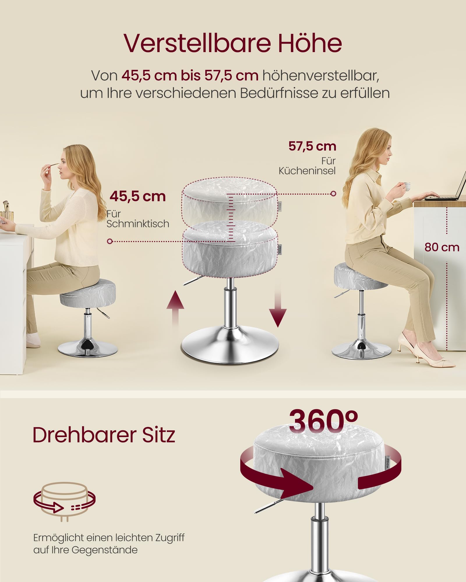 VASAGLE Height Adjustable Makeup Vanity Stool - Dove Grey PU Leather | 360° Swivel | 45.5-57.5 cm Height 6