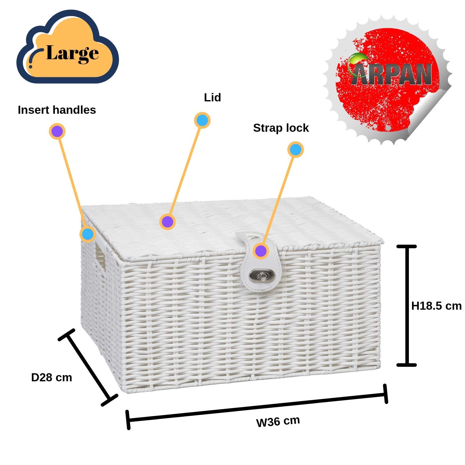 ARPAN Large White Resin Woven Shelf Basket with Lid and Lock | W36cm x D28cm 4