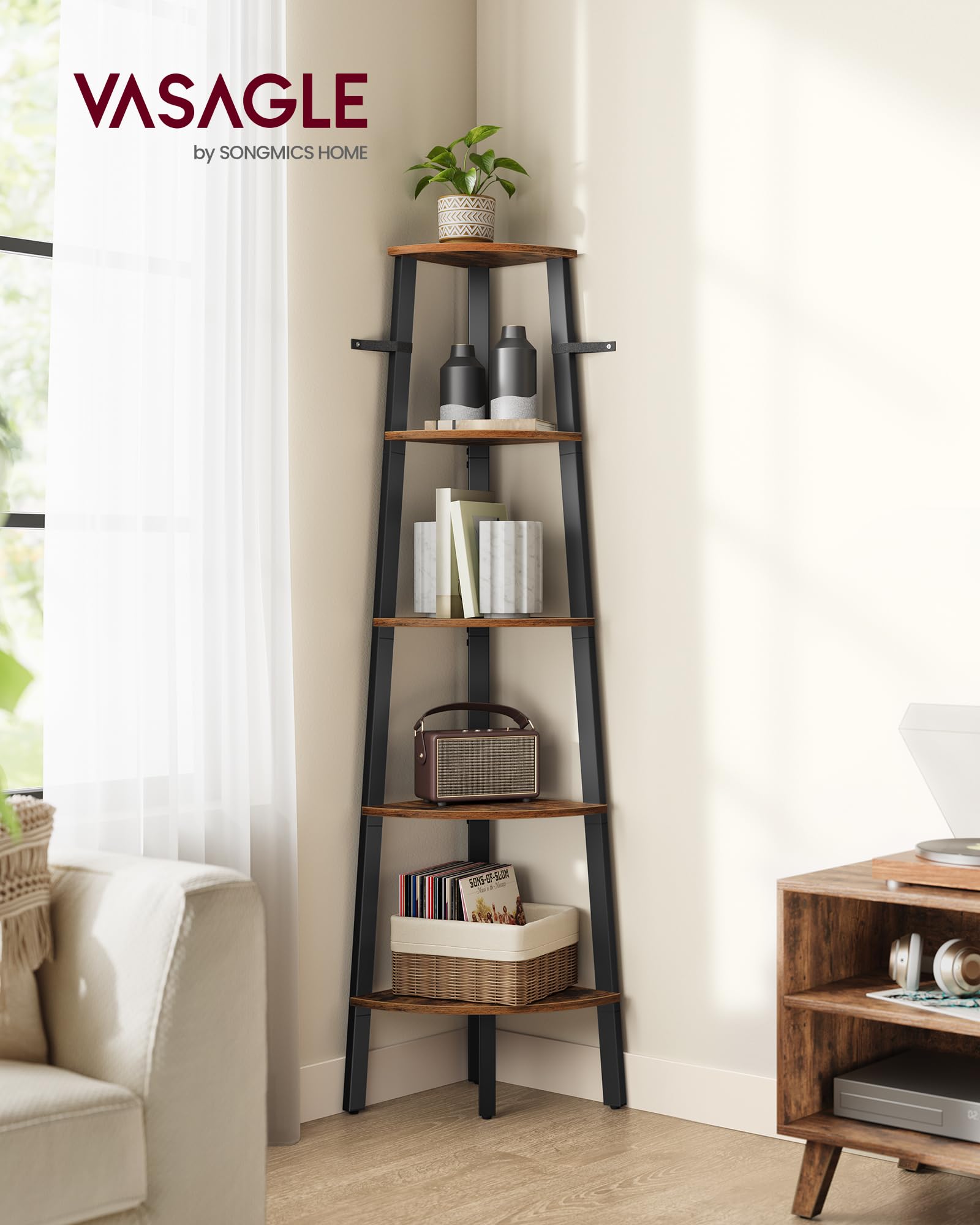 VASAGLE Industrial Corner Bookcase - 5 Tier Shelf | Rustic Brown & Black | LLS35X 2