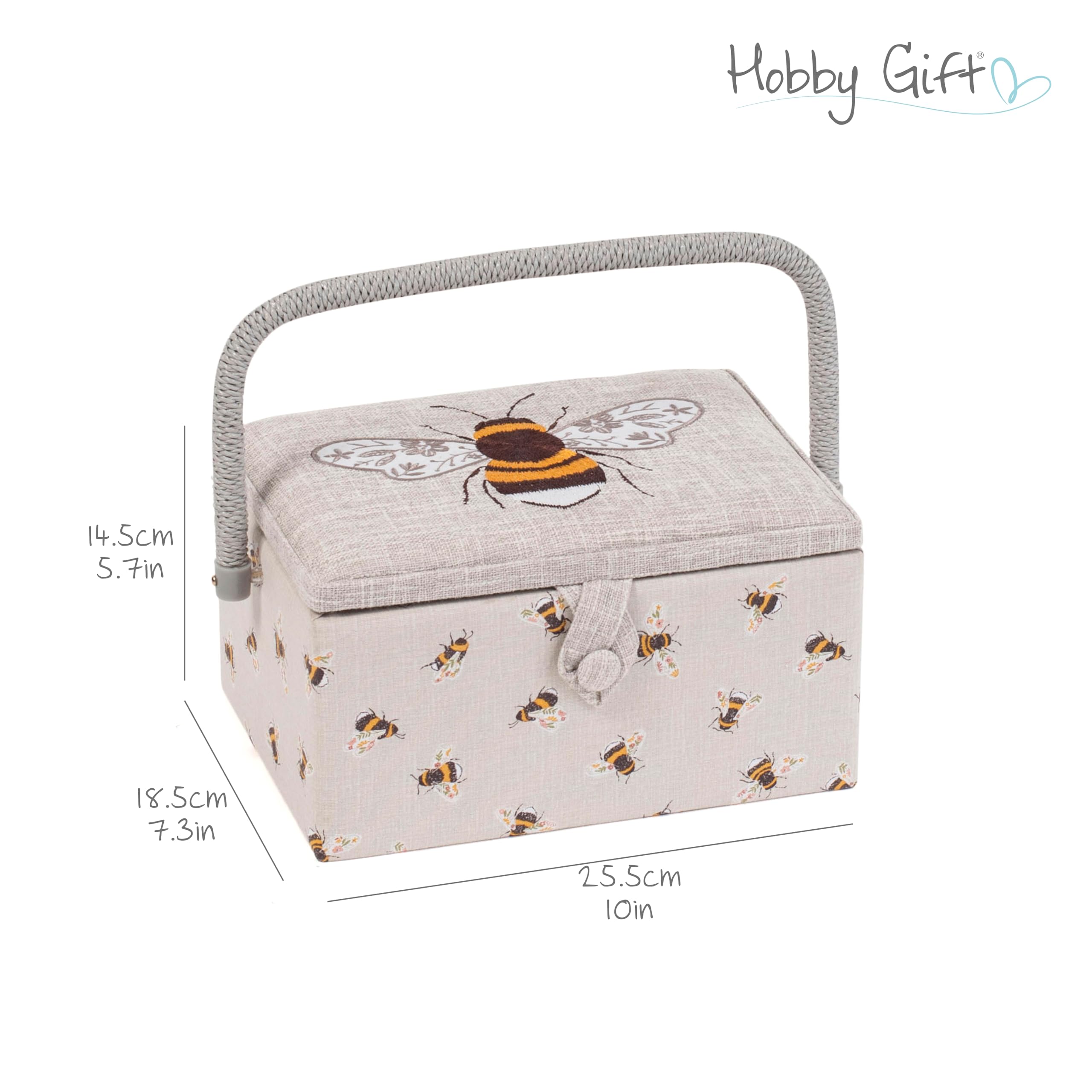 Hobby Gift Medium Sewing Basket - Embroidered Bee | Wood/Fabric | Includes Tray & Pincushion 5
