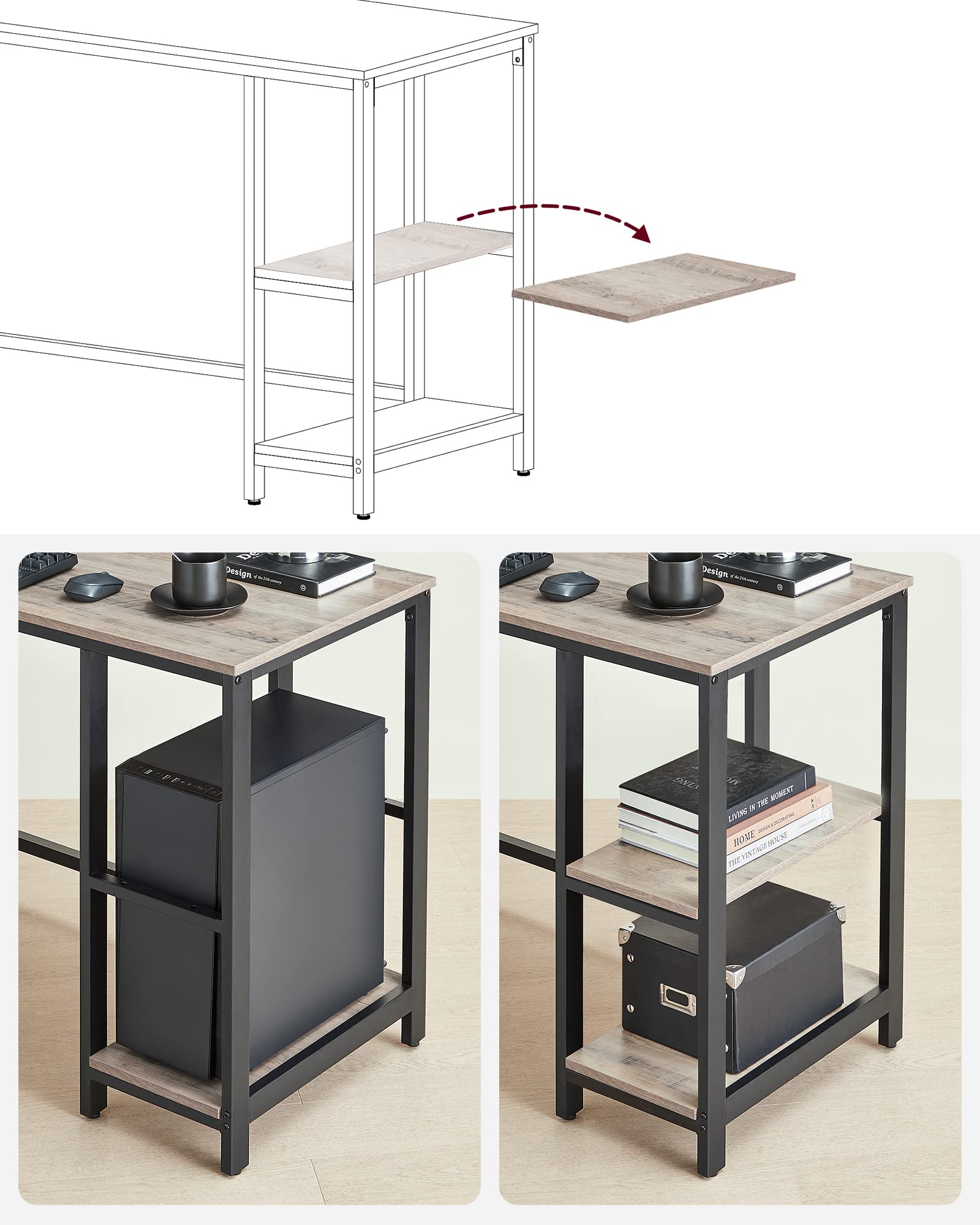 VASAGLE L-Shaped Corner Computer Desk - 138 x 138 cm Desktop | Removable Shelf | Greige & Black 4