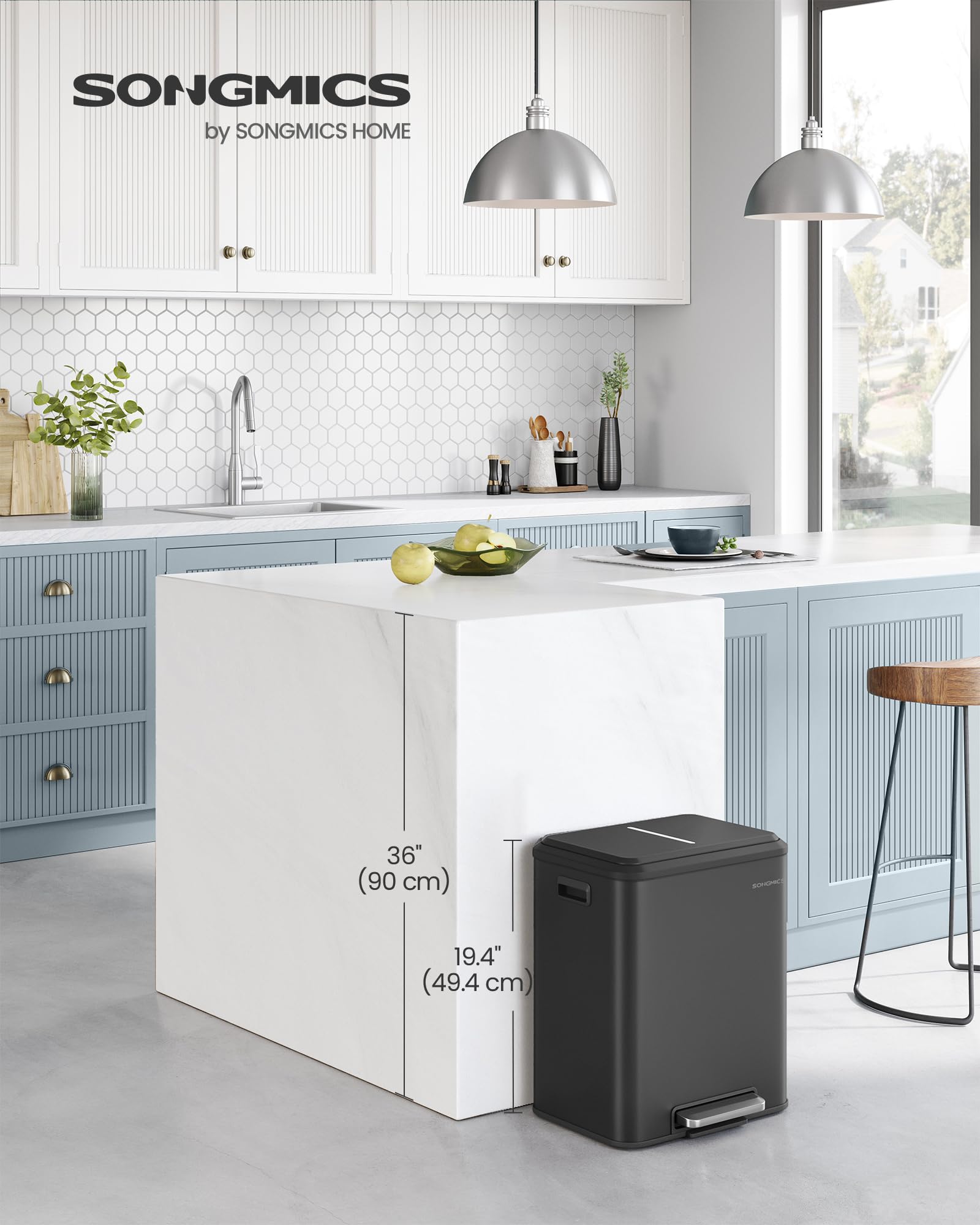 SONGMICS Kitchen Bin - Double Compartment Recycling System | 2 x 15L Capacity | Ink Black Steel 2