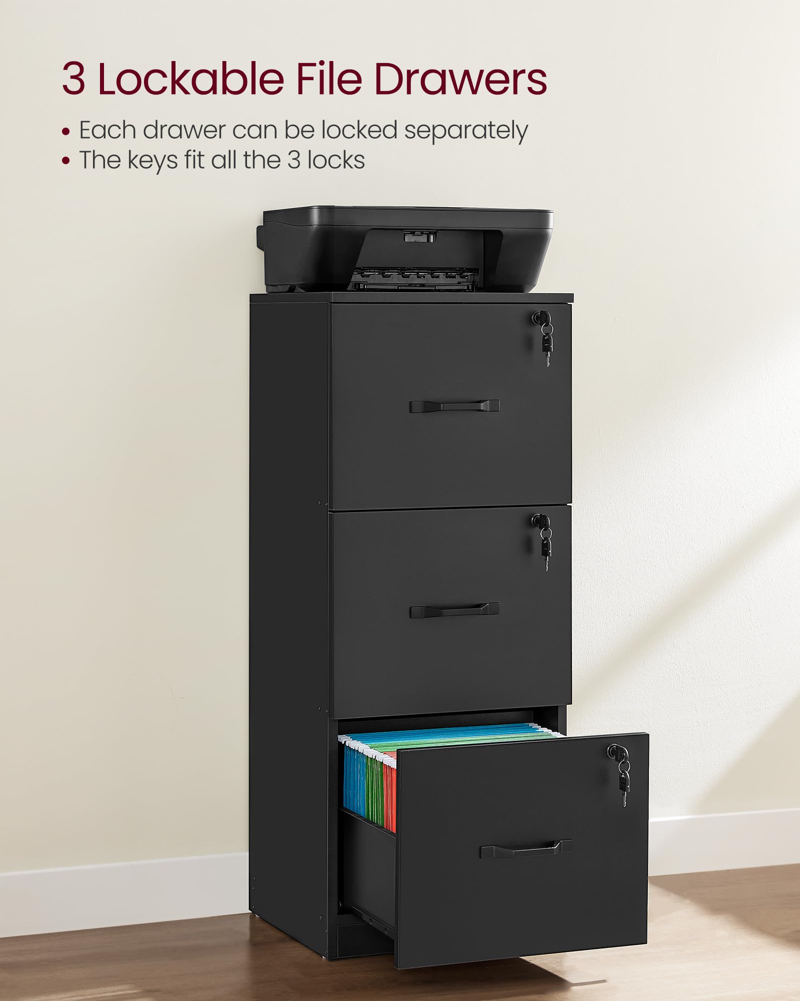 VASAGLE Vertical File Cabinet - 3 Lockable Drawers, Adjustable Rails for A4/Letter Files | Ink Black 6