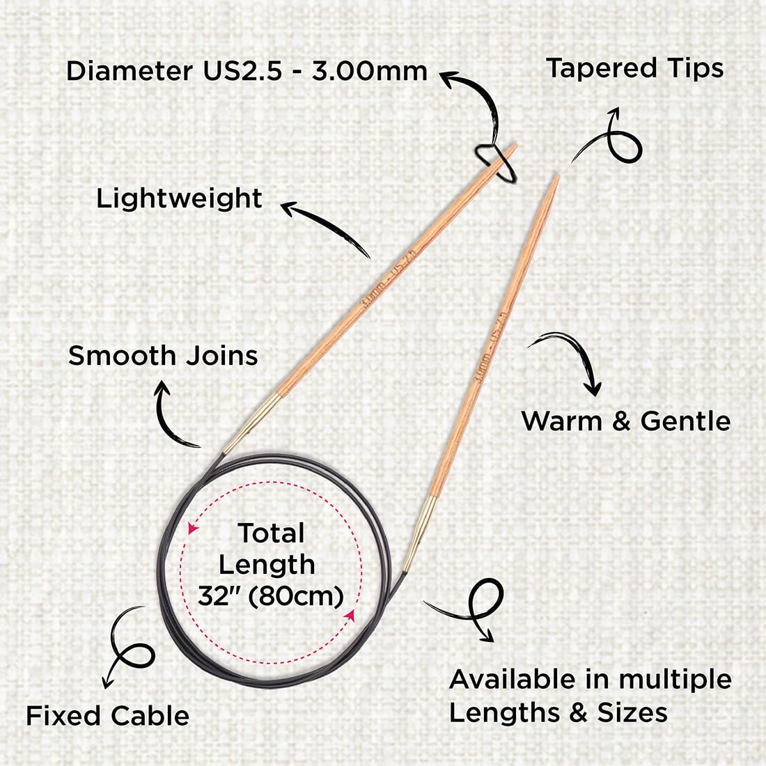 KnitPro Basix Beech Fixed Circular Needles - 3.00mm | 80cm Length | Lightweight Beech Wood 3