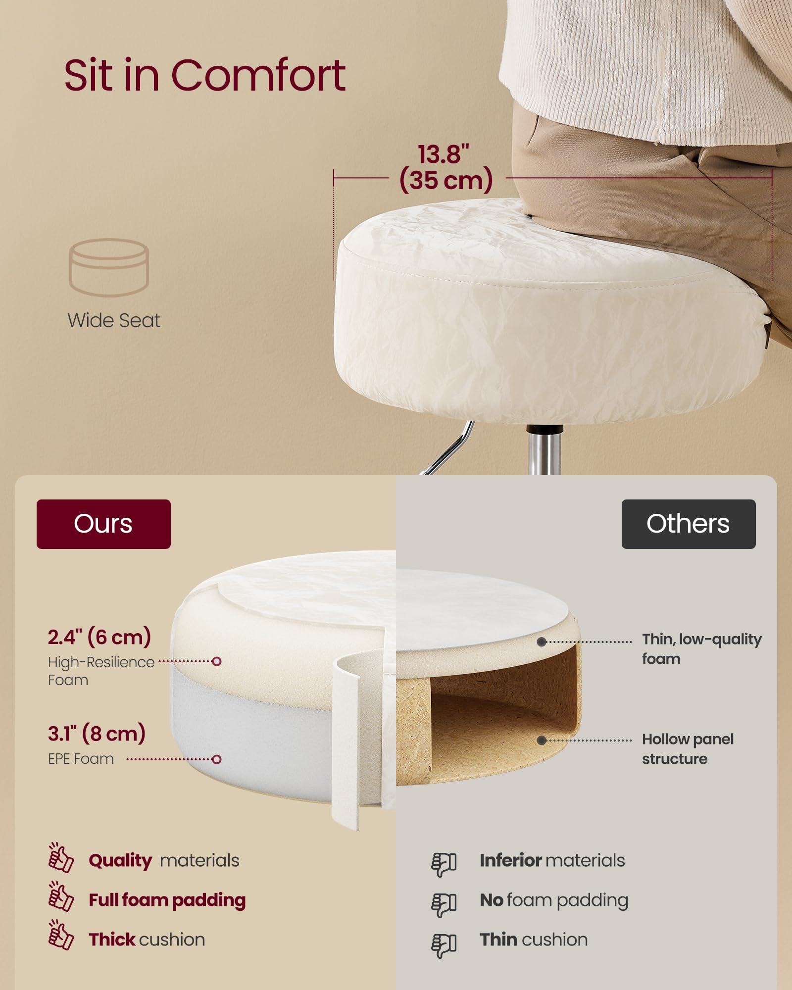 VASAGLE Height Adjustable Makeup Vanity Stool | 35 cm Seat | Cream White PU Leather | Swivel Base 5