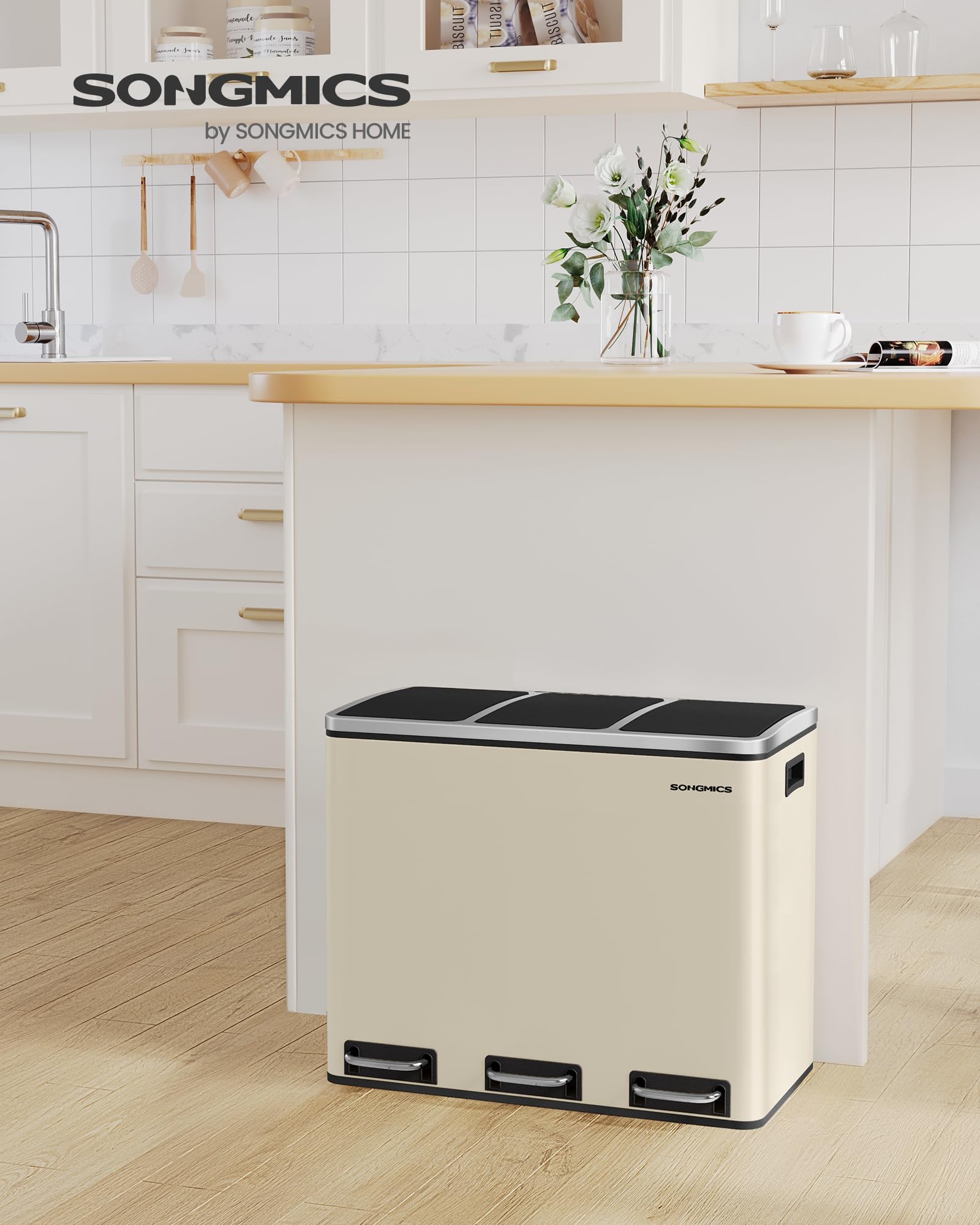 SONGMICS 3 Compartment Kitchen Recycling Bin, 3 x 18L Capacity, Steel, Sandy Beige | Soft-Close Lids