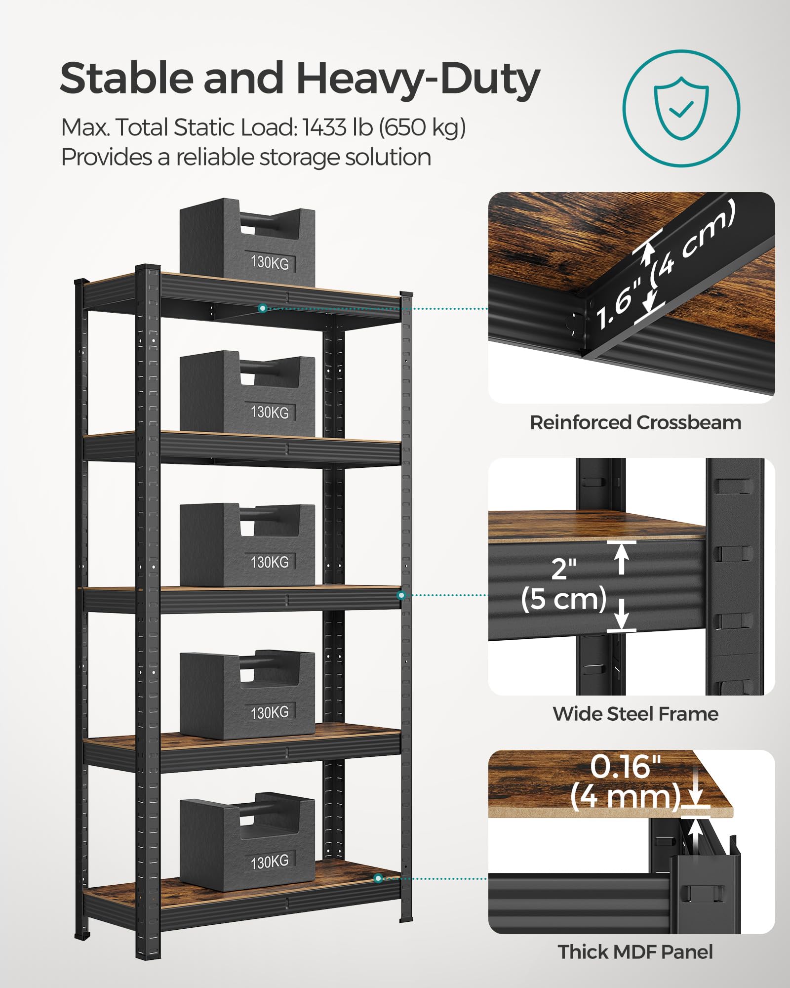 SONGMICS Shelving Unit - 650 kg Total Capacity | 30x75x150 cm | Rustic Brown & Black 6