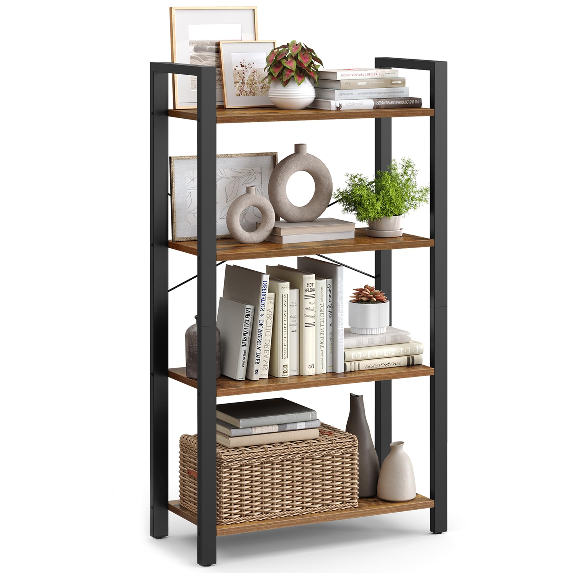 VASAGLE 4-Tier Bookshelf - Industrial Style Storage | Rustic Brown & Ink Black | 30 x 66 x 120 cm 1