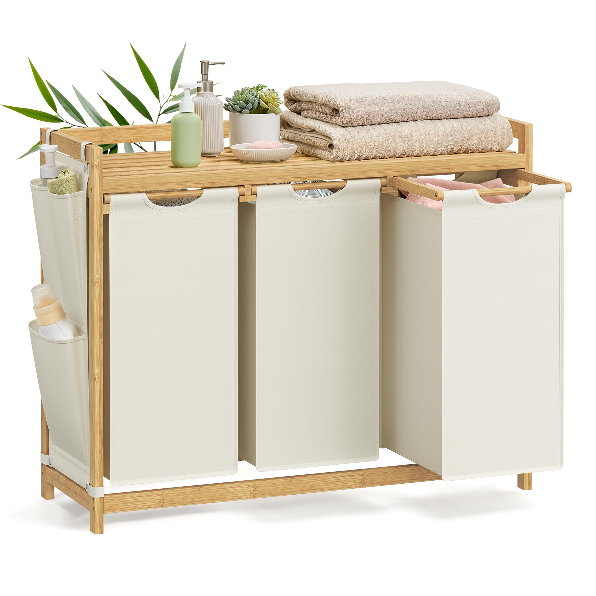 SONGMICS Laundry Basket with 3 Compartments | 150 L Capacity | Bamboo Frame | Cream White