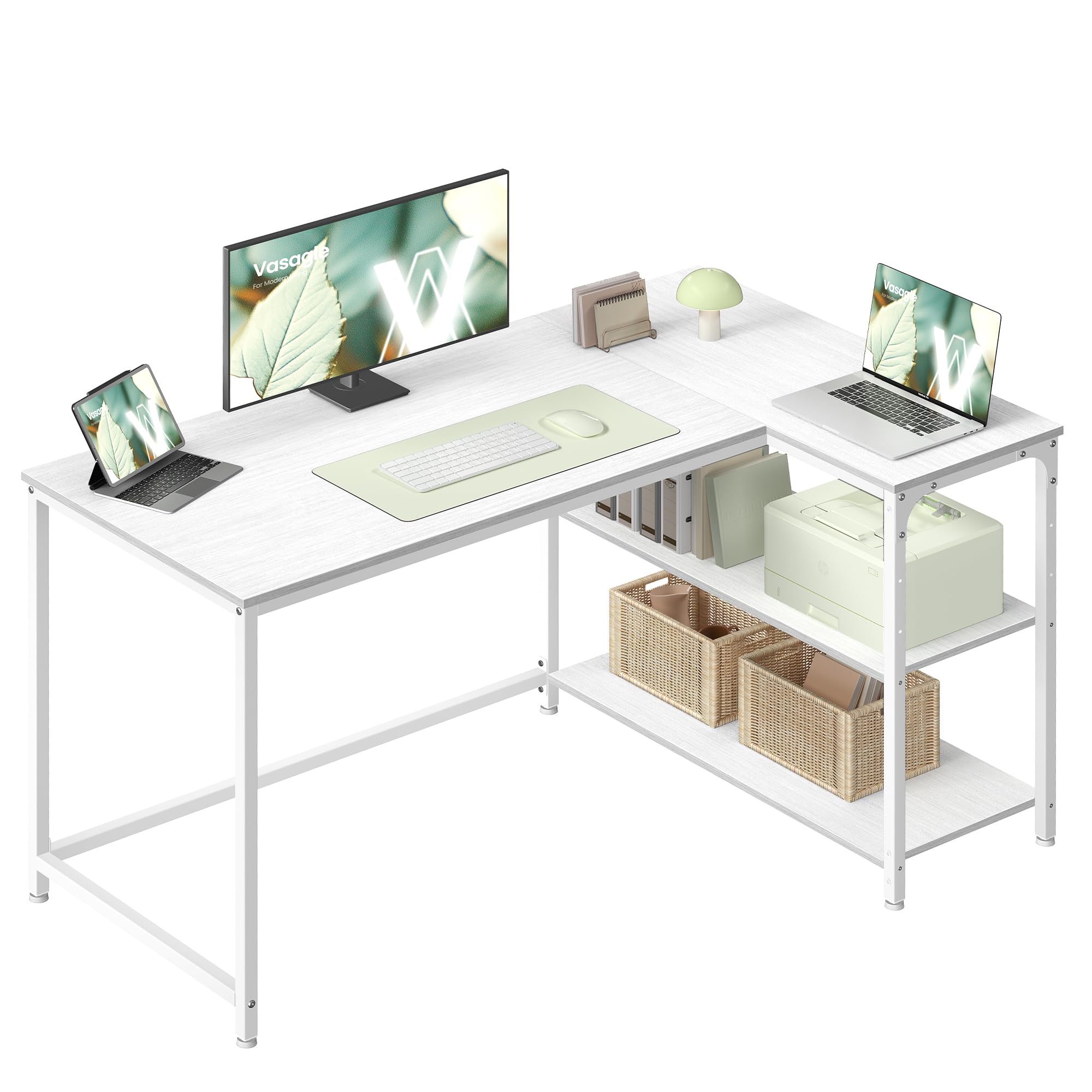 VASAGLE L-Shaped Corner Desk with Reversible Storage | Maple White | 120 x 80 cm