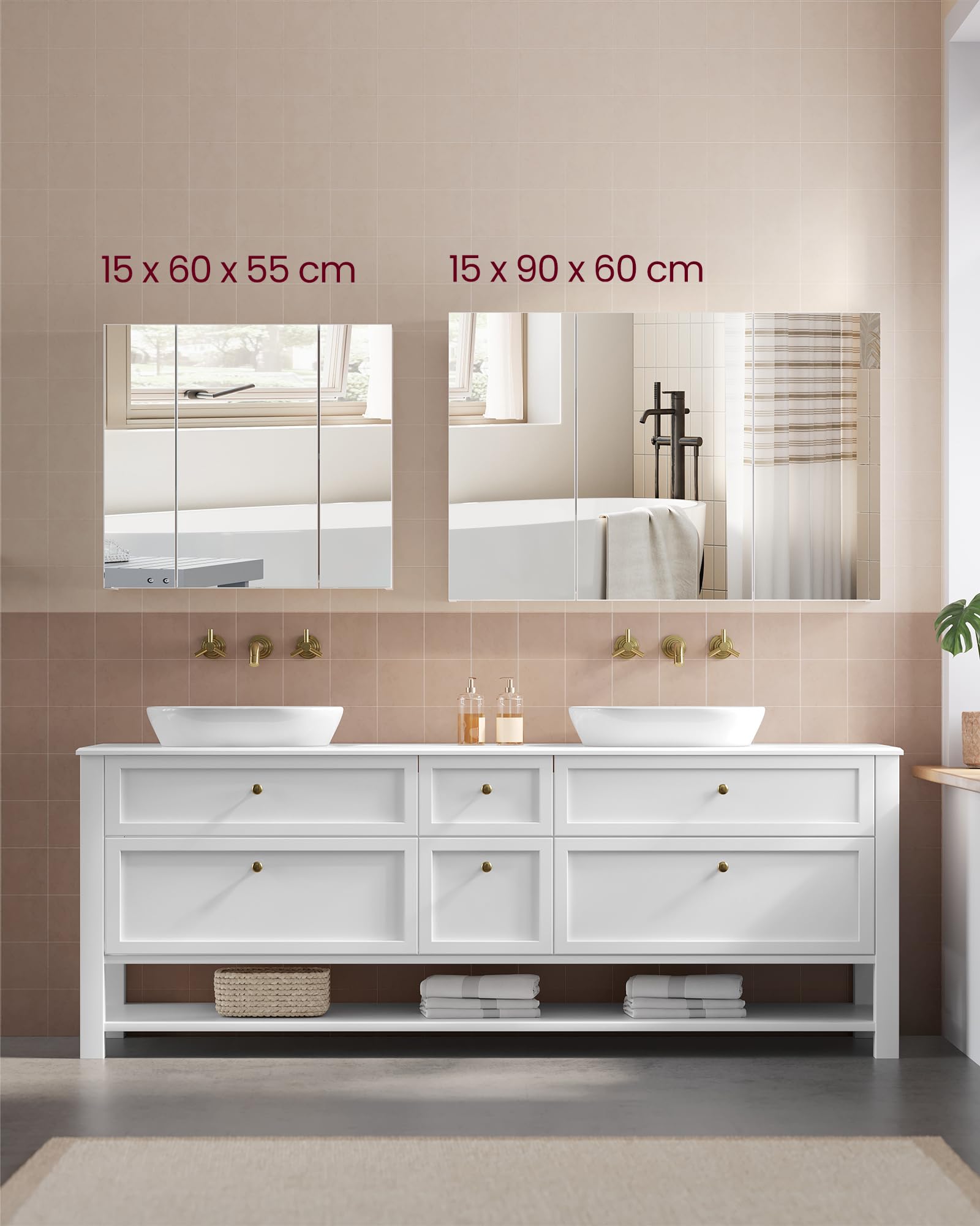 VASAGLE BBK22WT Bathroom Wall Cabinet with Mirror - 3 Door Storage Unit, White, 60W cm 6