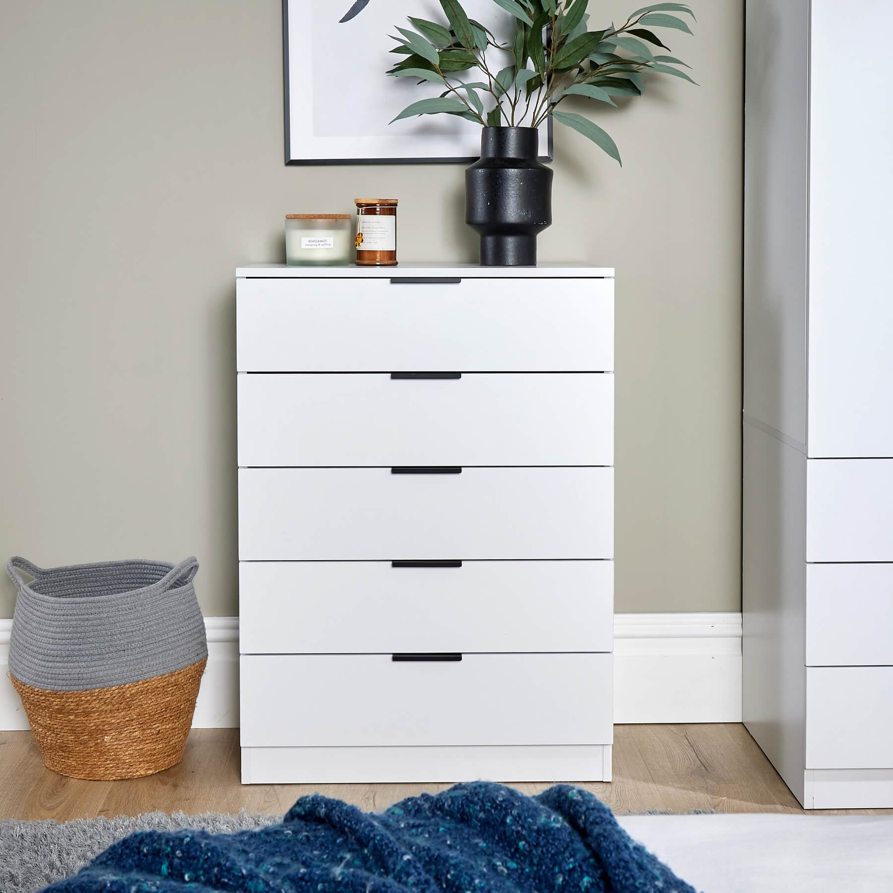 Home Source Phoenix Tall 5 Drawer Chest of Drawers - White | 90H x 63W x 35D cm 5
