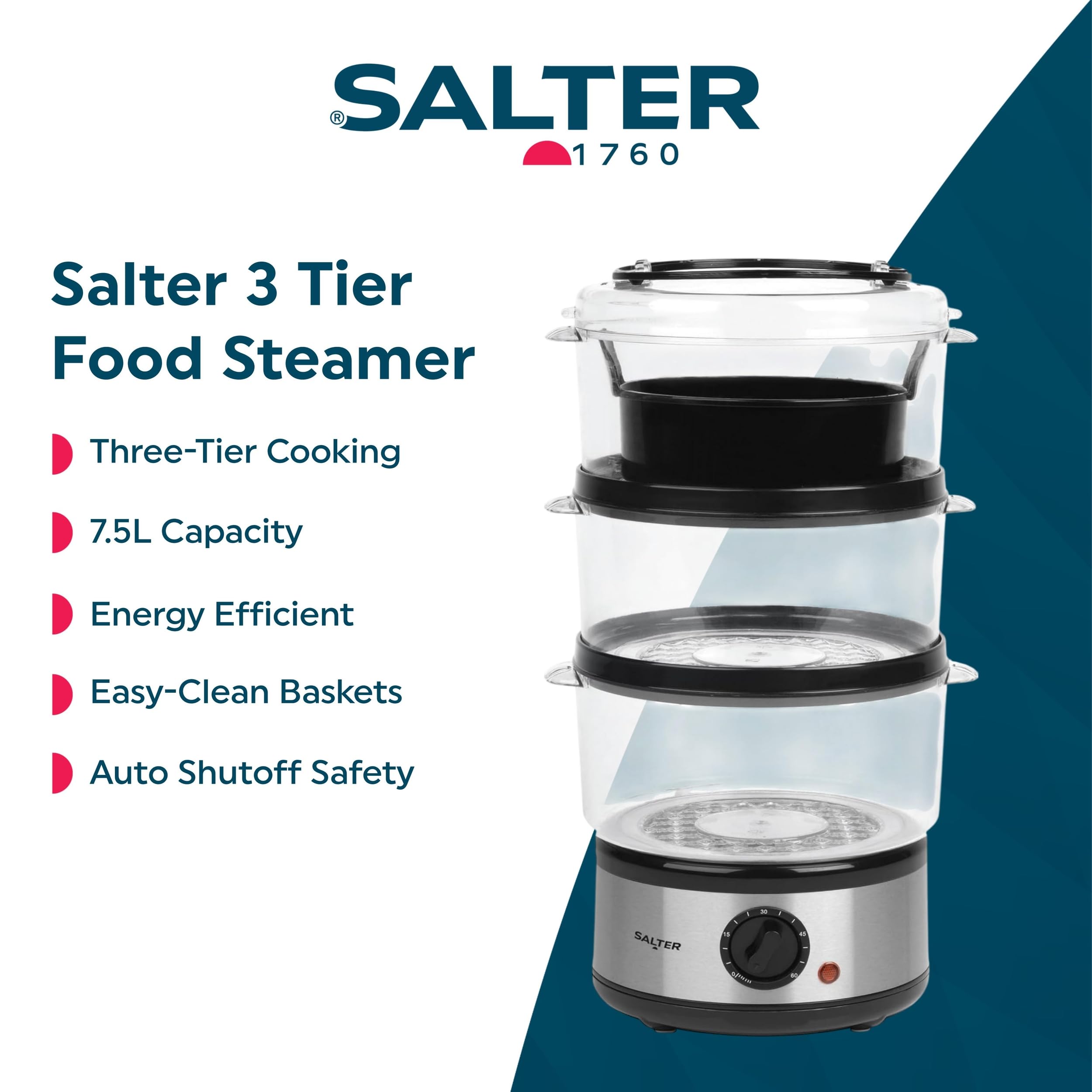 Salter Electric Food Steamer - 7.5L Capacity, 3-Tier Stackable Baskets | 500W | Stainless Steel 2