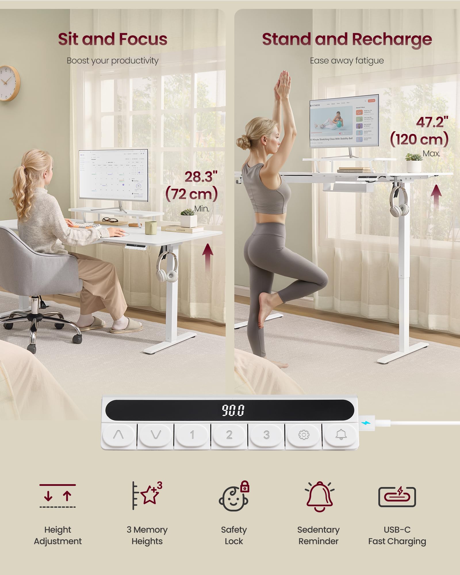 VASAGLE Electric Standing Desk - Height Adjustable 140 x 70 cm | 3 Memory Presets | Cloud White 6