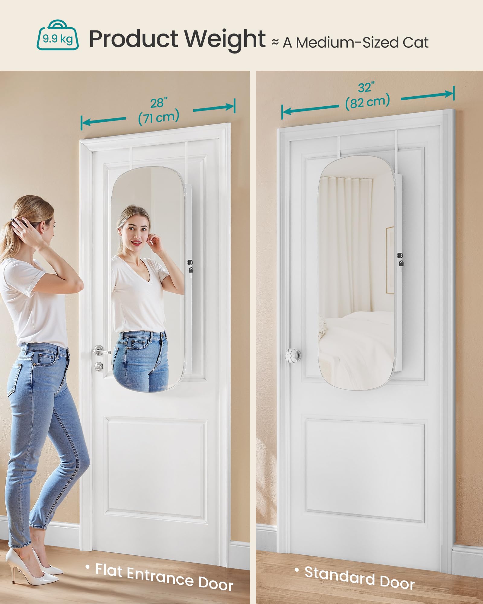 SONGMICS LED Mirror Jewellery Cabinet - Wall/Door Mounted | Lockable | White + Greige 8