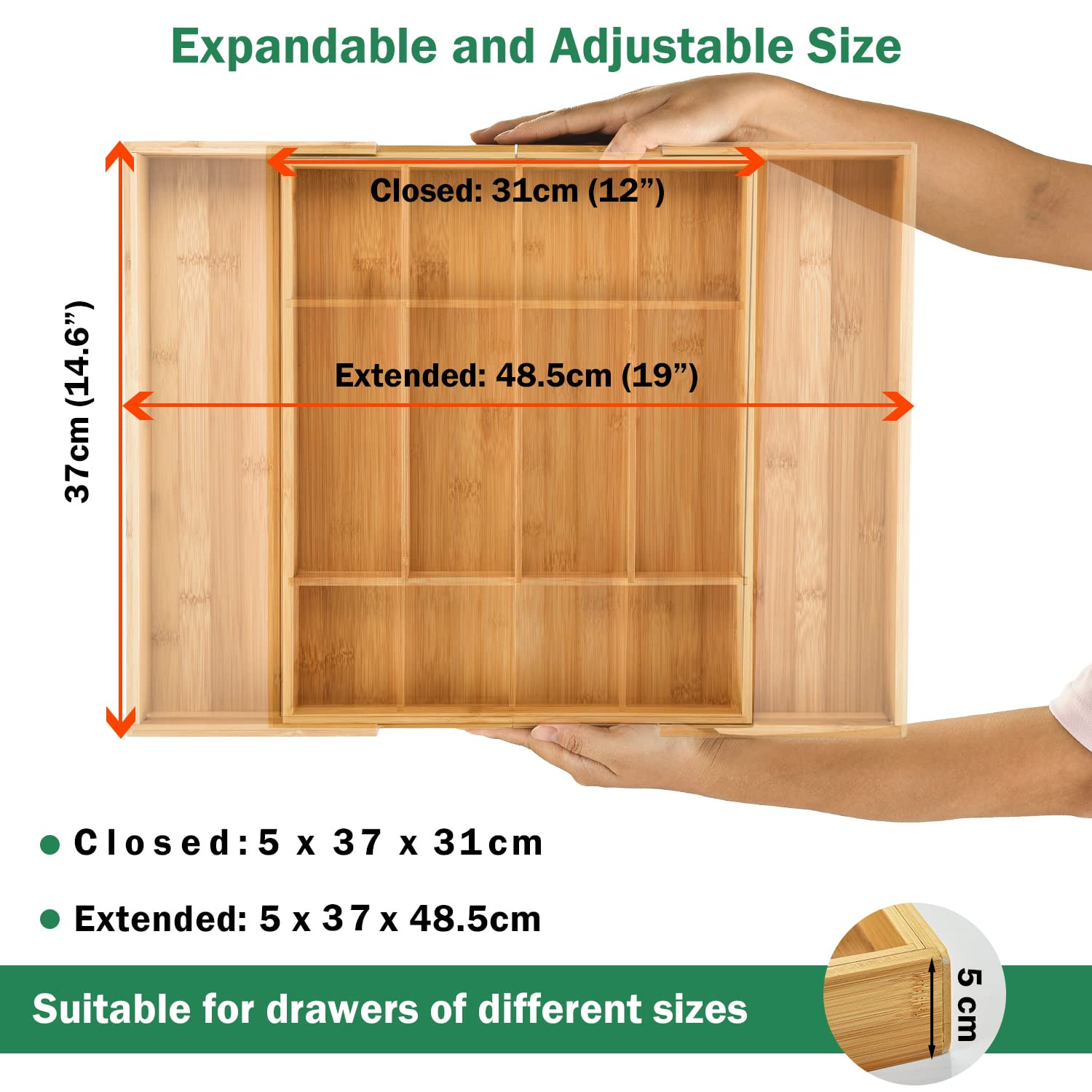 MASS DYNAMIC Expandable Bamboo Cutlery Drawer Organizer | Adjustable 5-7 Compartments | Waterproof 3