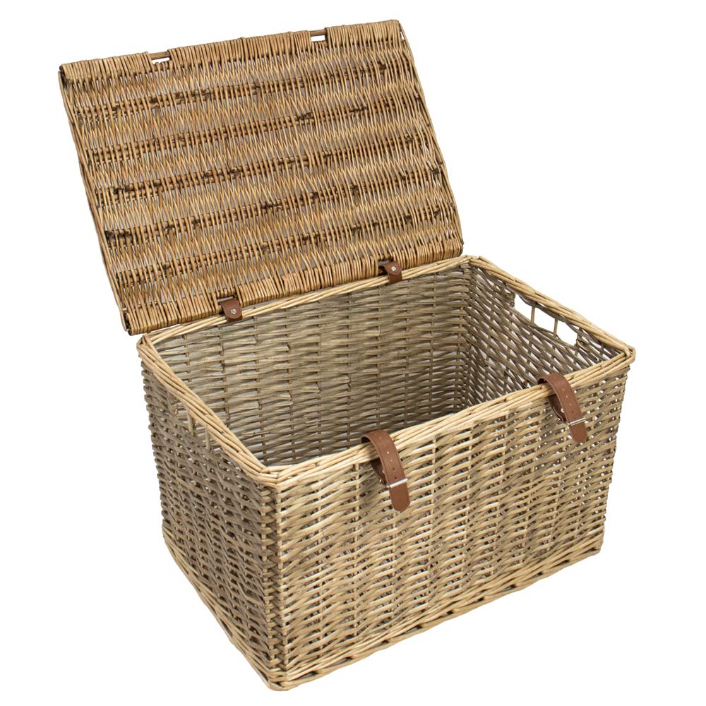 JVL Handmade Extra Large Willow Storage Box with Faux Leather Straps | 91L Capacity | Stackable 2