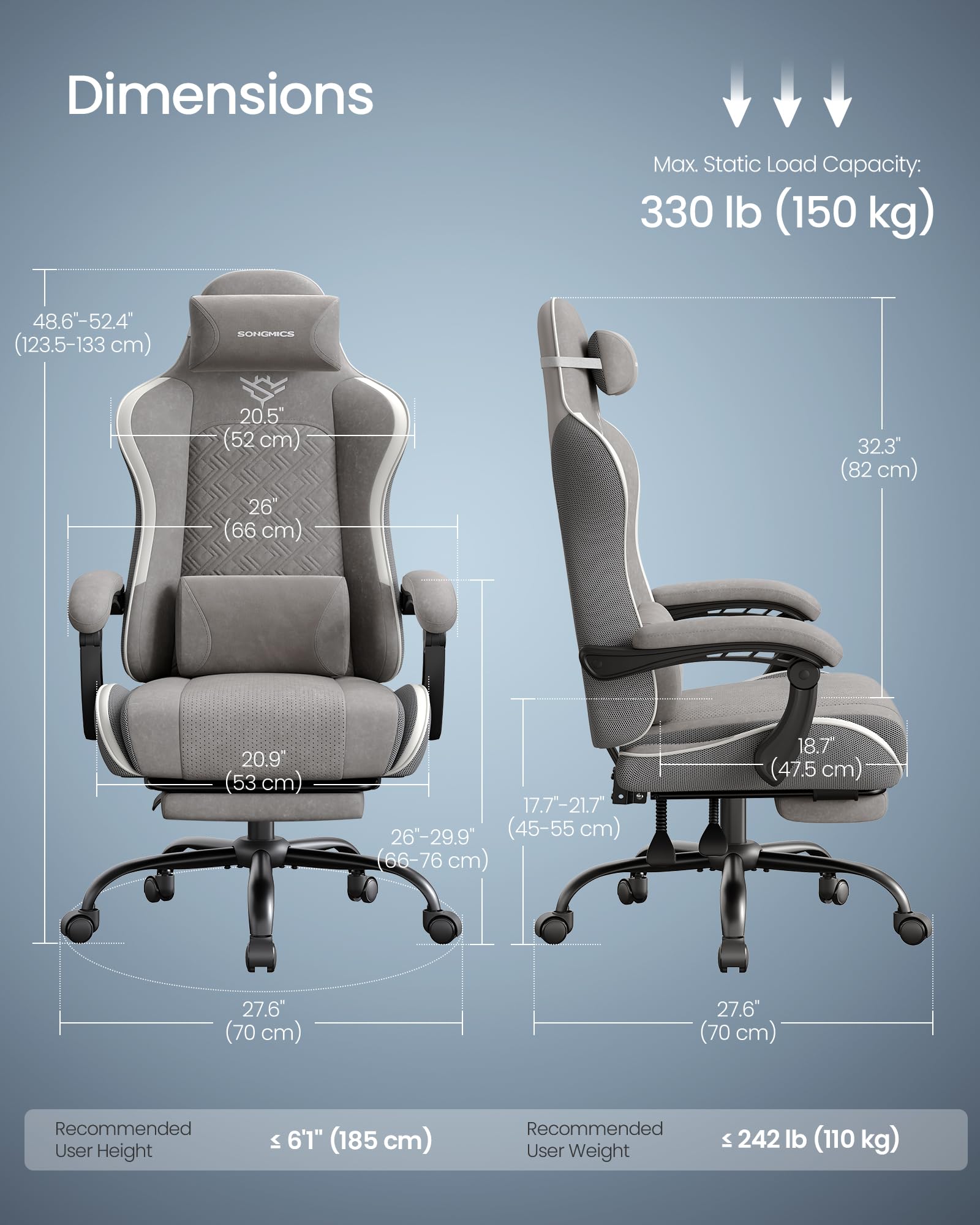 SONGMICS Ergonomic Video Game Chair with Footrest | Dove Grey | Max Load 150 kg 2